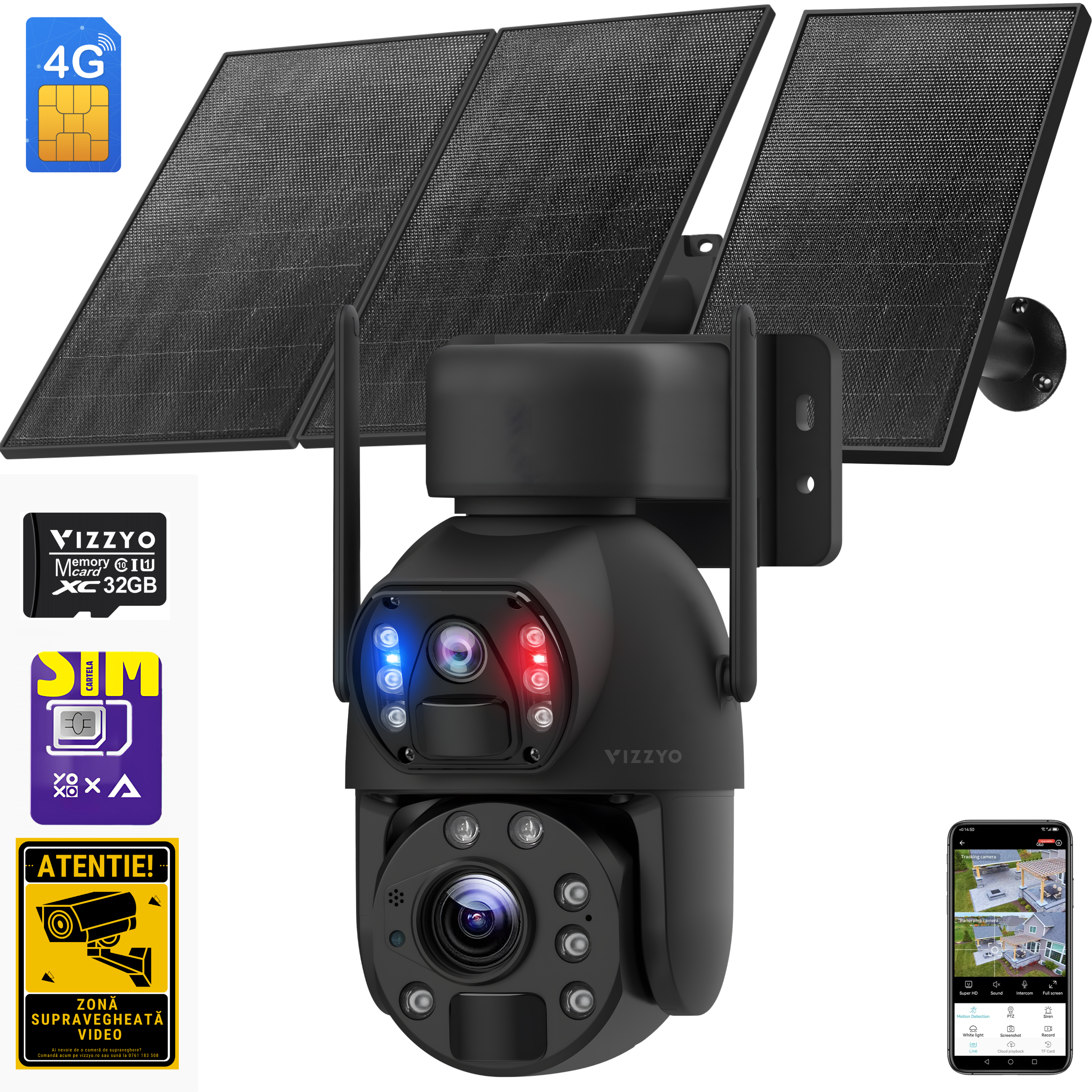 Cameră Supraveghere 4G Solară cu Cartelă SIM Vizzyo Titan, 8MP, Înregistrare 24/7, Panou Solar 30W, Baterie 28000mAh, Zoom Optic 20X, Mod Noapte Color & IR, Detecție Mișcare & Smart Tracking, Audio Bidirecțional, Aplicația UBox, IP67, SD 128GB
