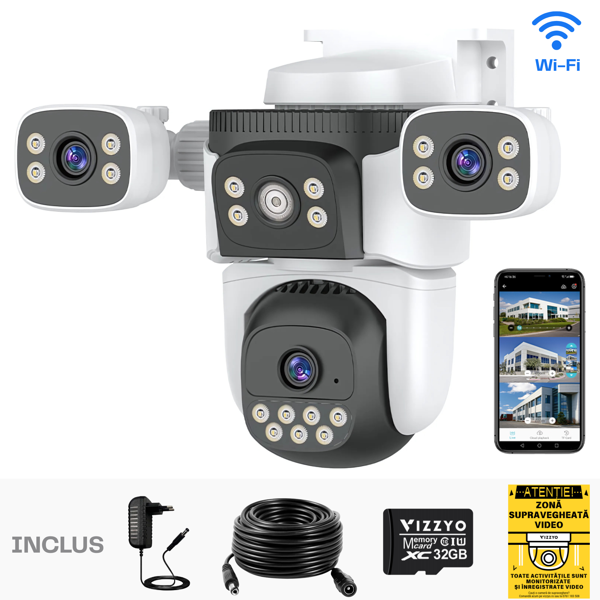 Cameră Supraveghere WiFi Vizzyo Ultra Defender, 12MP, 3 Camere În 1, Viziune Nocturnă Color, Acoperire Panoramică 360°, Detecție Mișcare & Urmărire Automată, Audio Bidirecțional, Control din aplicatie, IP66, HDR, ISP, SD 256GB