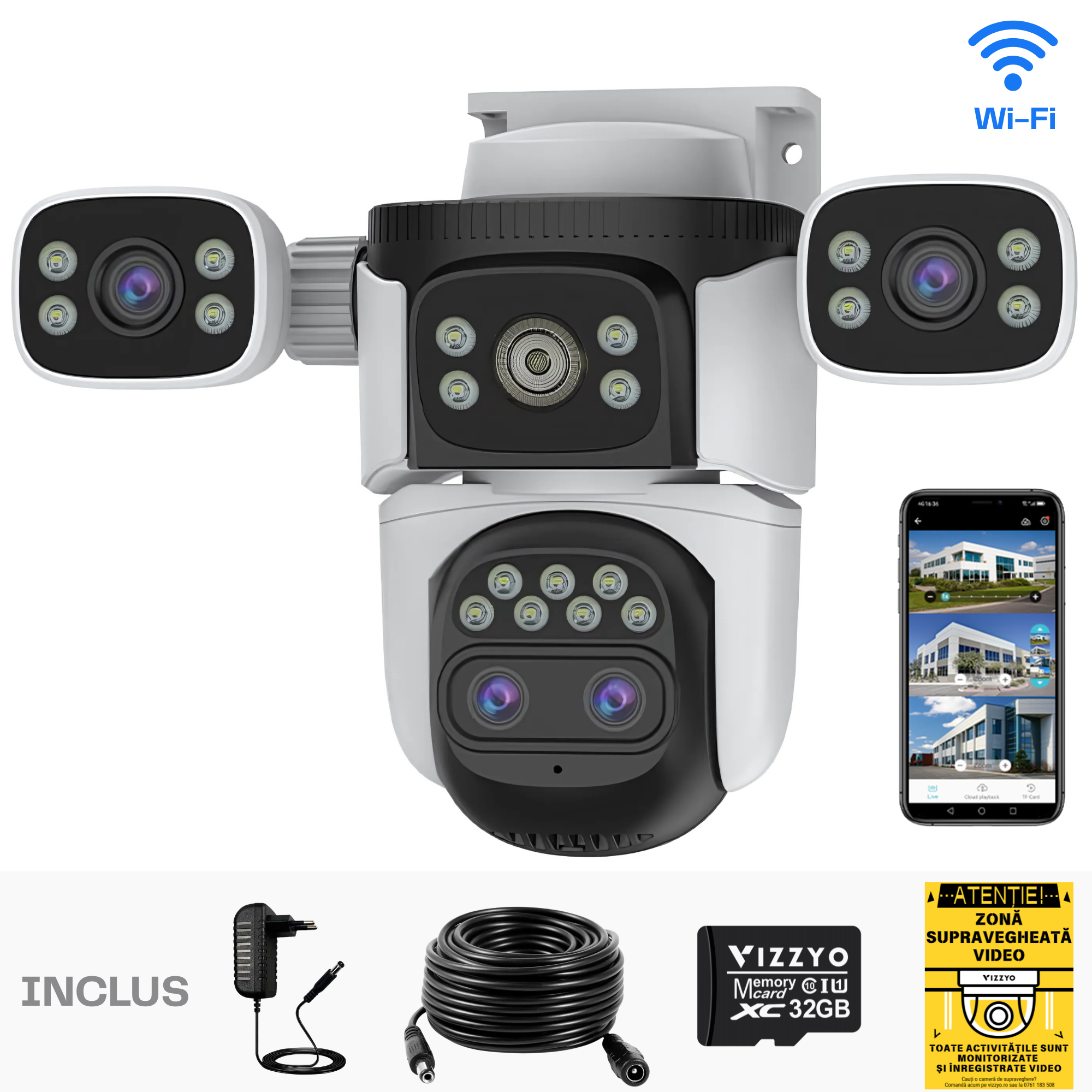 Cameră Supraveghere Triplă WiFi Vizzyo Ultra Defender Pro, 16MP, Zoom Optic Până la 200 metri, Viziune Nocturnă Color, Acoperire Panoramică 360°, Detecție Mișcare & Urmărire Automată, Audio Bidirecțional, IP66, WDR, SD 256GB