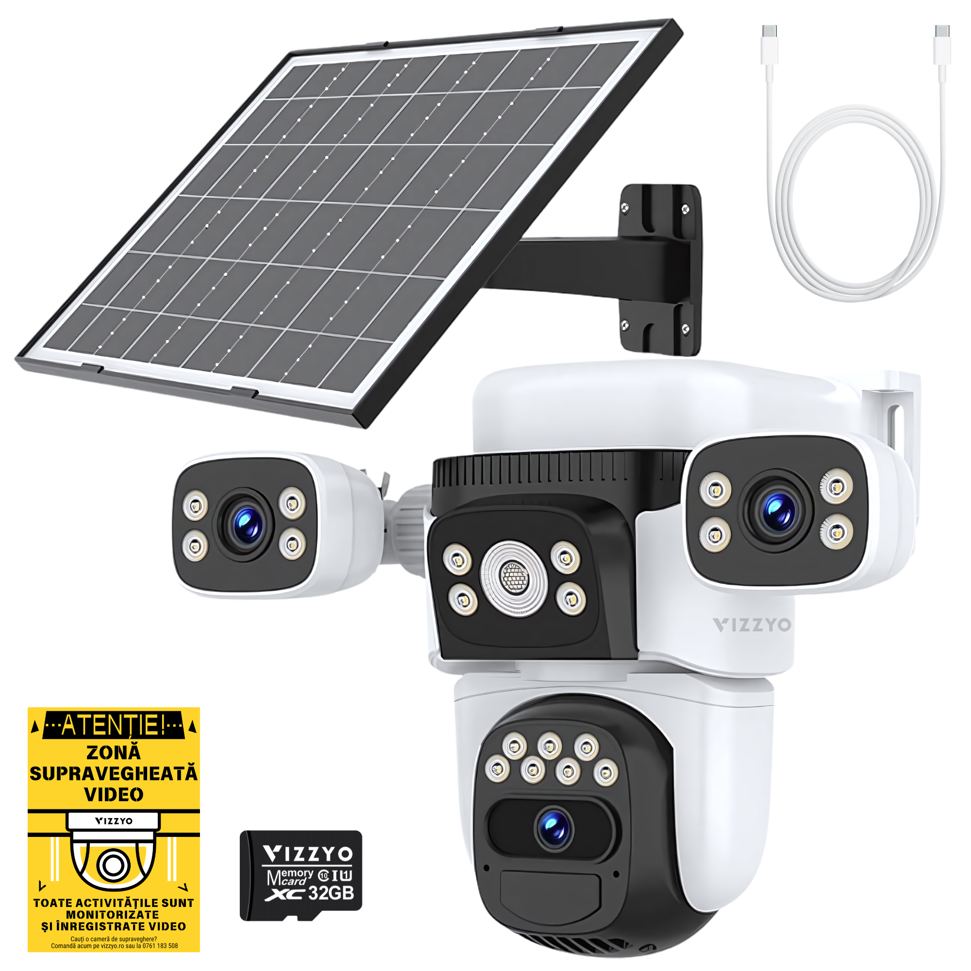 Cameră Supraveghere Solară 4G Vizzyo Ultra Defender, Slot Cartelă SIM + Panou Solar, Baterie Integrată, 12MP, 3 Lentile, Mod Noapte Color + IR, Detecție Mișcare & Urmărire Automată, Audio Bidirecțional, Control din Aplicatie, IP66, HDR, ISP, SD 256GB