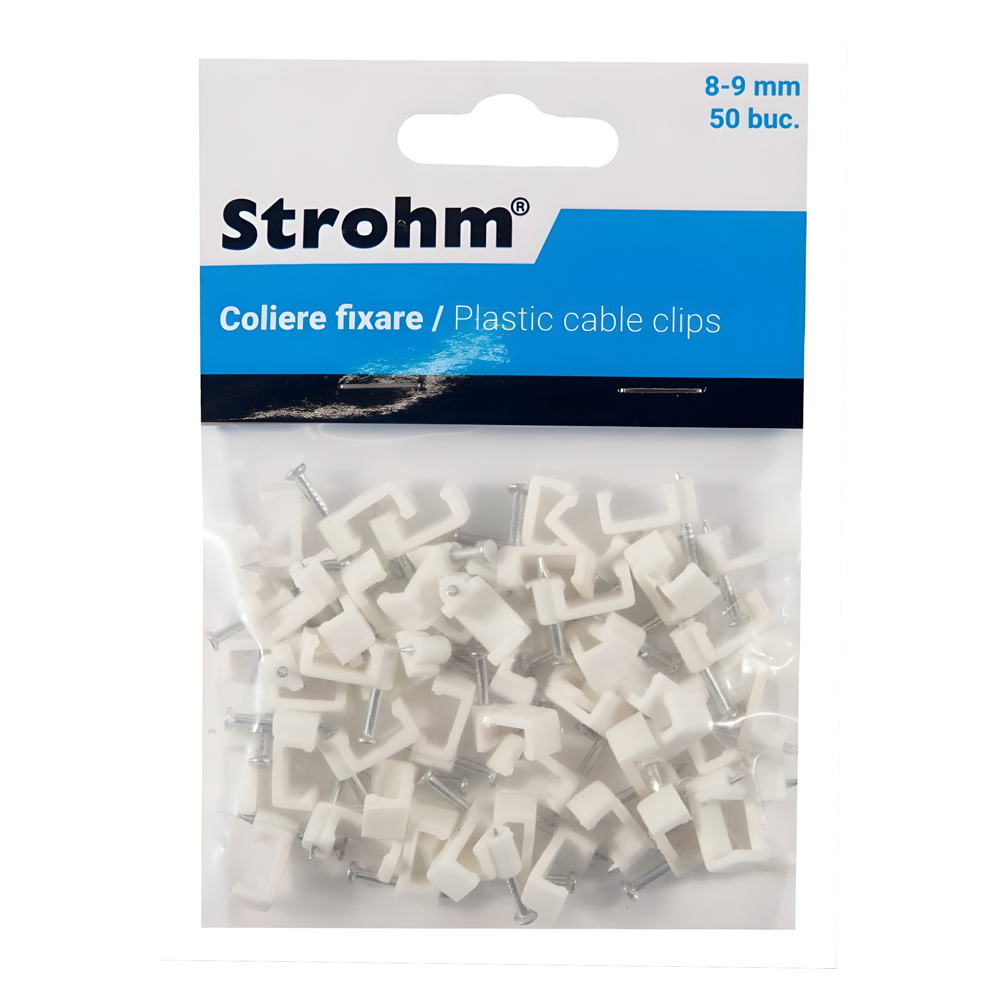 Cleme fixare cablu Strohm, 8 - 9 mm, albe, set 50 bucati