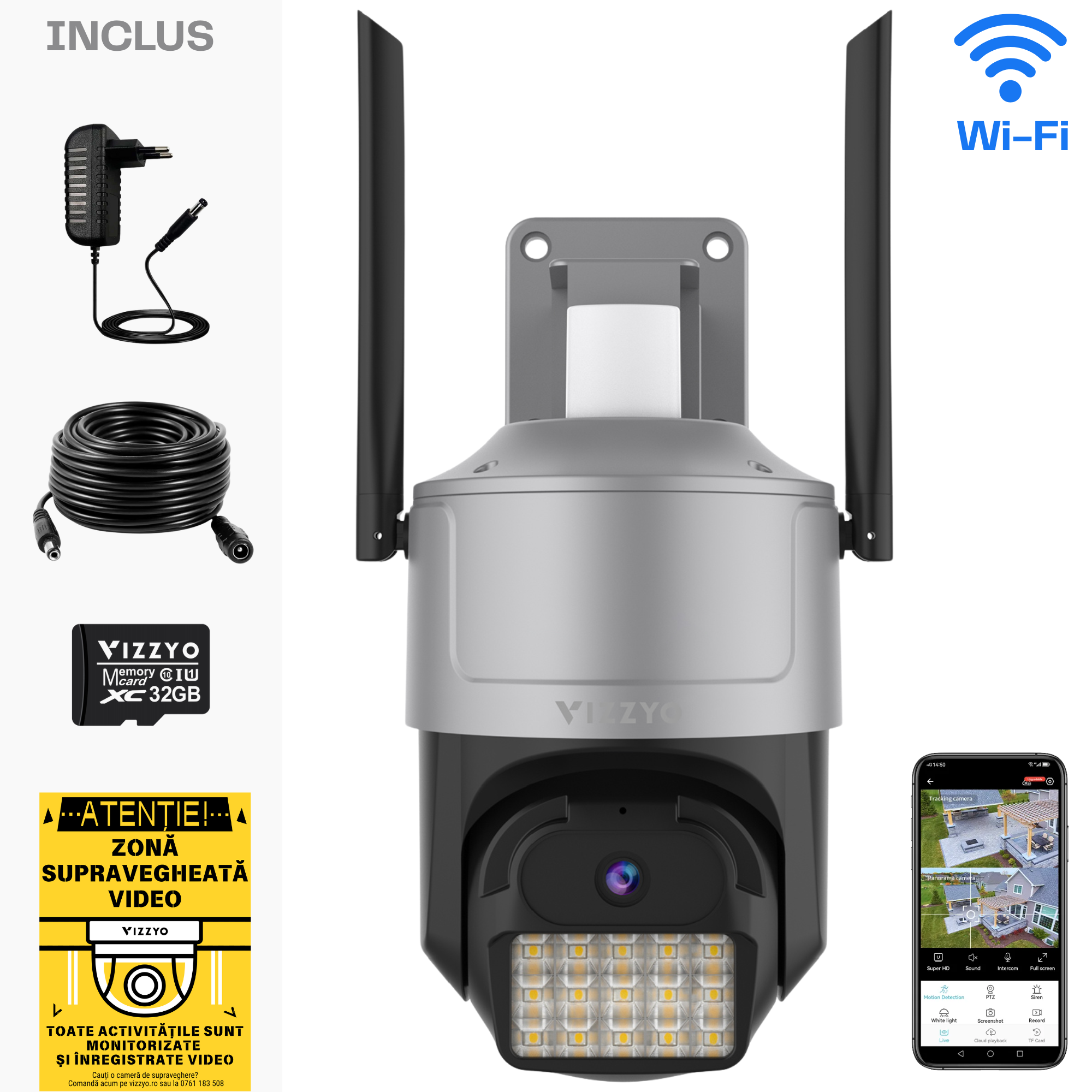 Cameră Supraveghere WiFi Dual-Band Vizzyo Ultra View, 5MP Ultra HD, Black Light Full Color, Viziune Color în Întuneric Total, AI Detecție Mișcare & Urmărire Automată, Sirenă Luminoasă LED, Audio Bidirecțional, H.265, IP66, SD 256GB