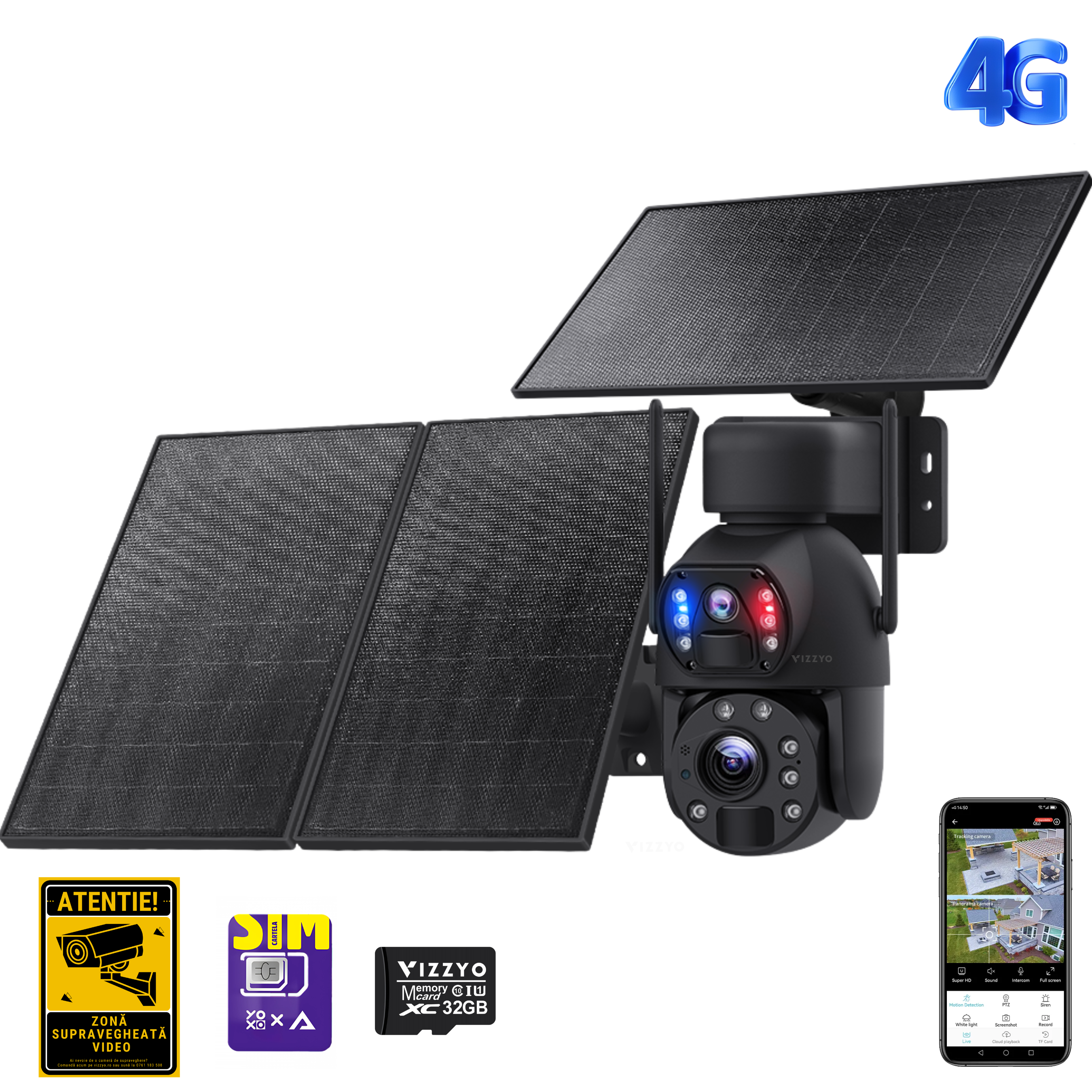 Cameră Supraveghere 4G Solară cu Cartelă SIM Vizzyo Titan, 8MP, Înregistrare 24/7, Panou Solar 30W, Baterie 28000mAh, Zoom Optic 20X, Mod Noapte Color & IR Laser, Detecție Mișcare & Smart Tracking, Audio Bidirecțional, Aplicația UBox, IP67, SD 128GB