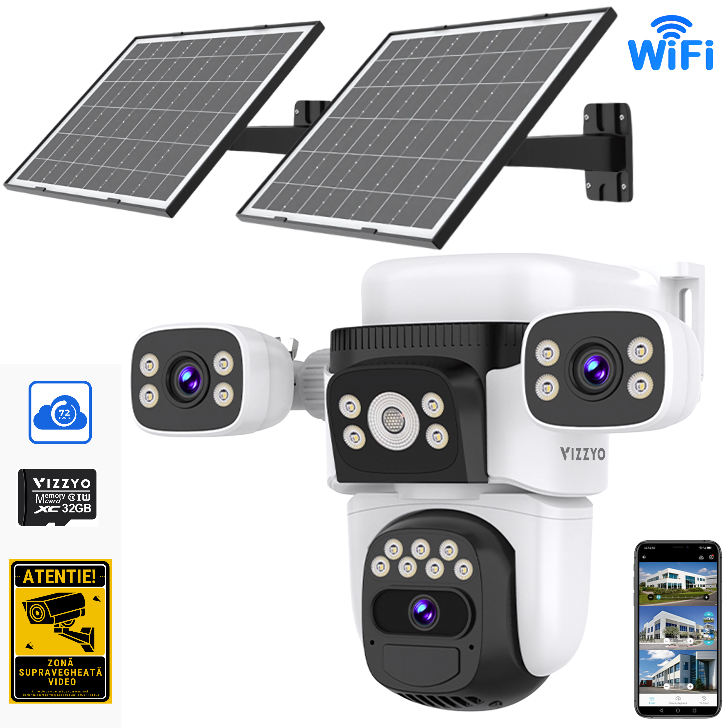 Cameră Supraveghere WIFI Solară Vizzyo Ultra Defender WS2, 2 Panouri Solare 16W, Baterie Integrată, 12MP, 3 Lentile, Mod Noapte Color & IR, Detecție Mișcare + Urmărire Automată, Audio Bidirecțional, Aplicatia O-KAM Pro, WIFI 6, IP66, SD 256GB