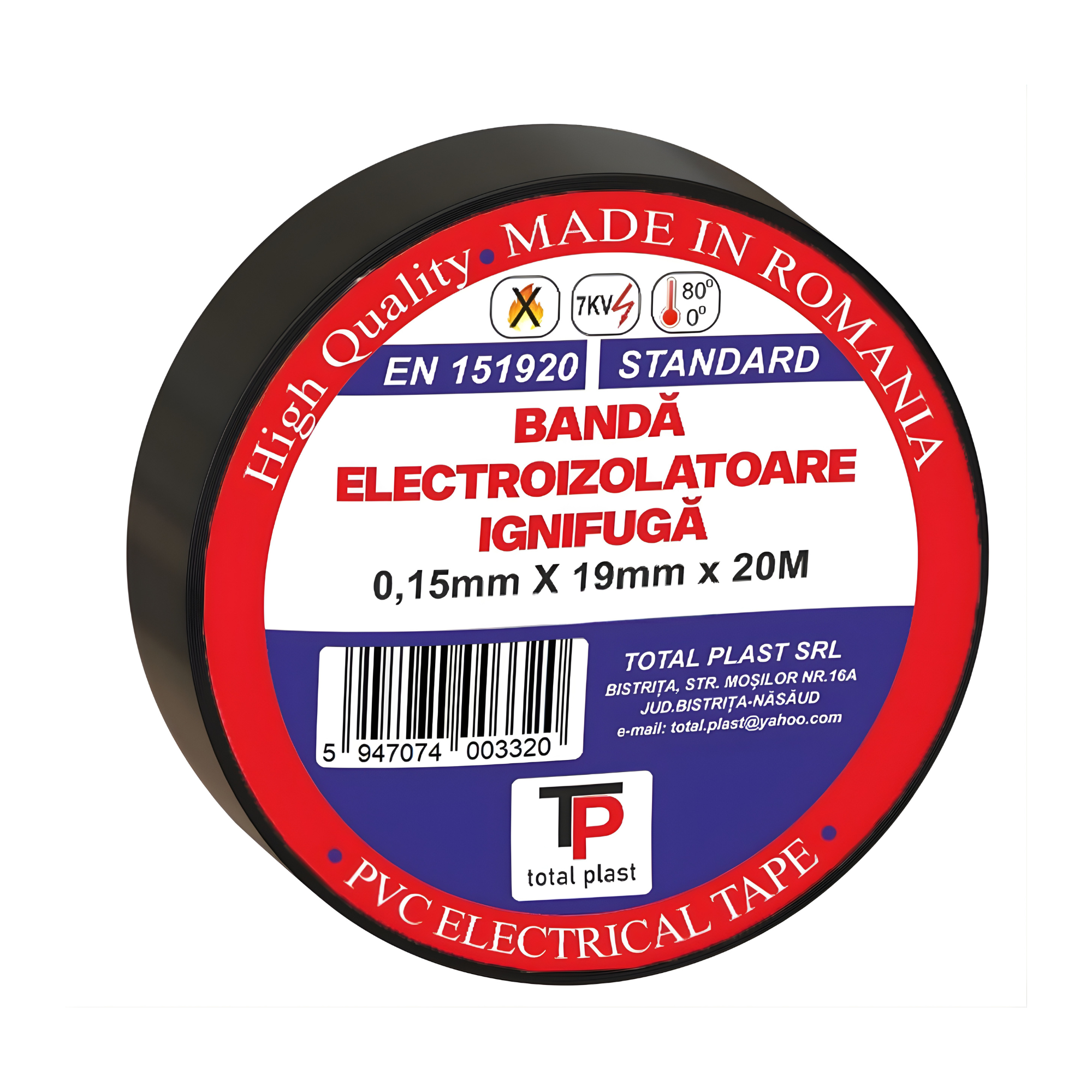 Bandă izolatoare PVC neagră, 19 mm x 20 m, grosime 0,15 mm