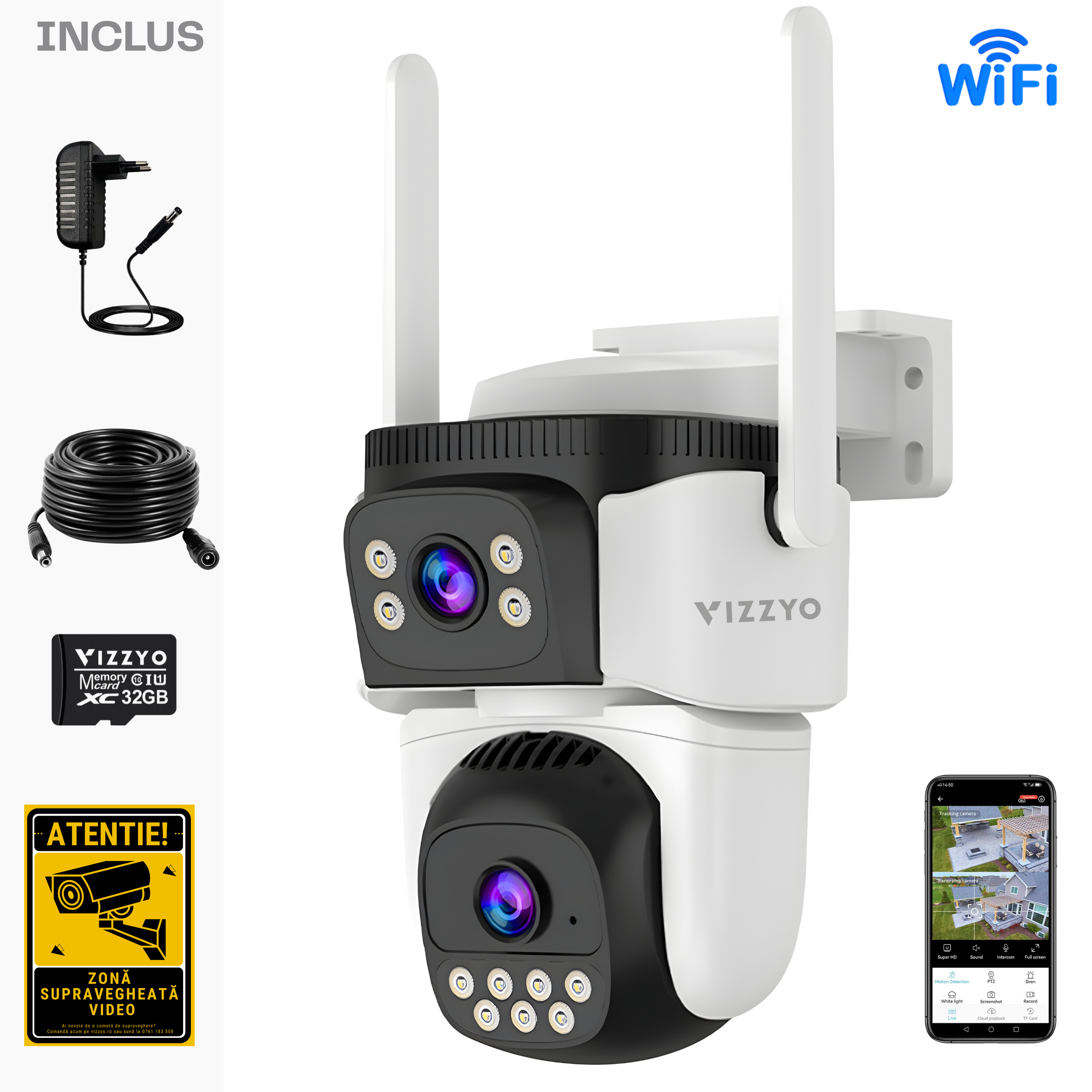 Cameră Supraveghere Dublă WiFi Vizzyo Dual Defender, 8MP, 2 Camere În 1, Acoperire Panoramică 360°, Zoom 5X, Mod Noapte Color & IR, Detecție Umană + Urmărire Automată, Audio Bidirecțional, Aplicatie O-KAM Pro, WiFi 6, IP66, SD 256GB
