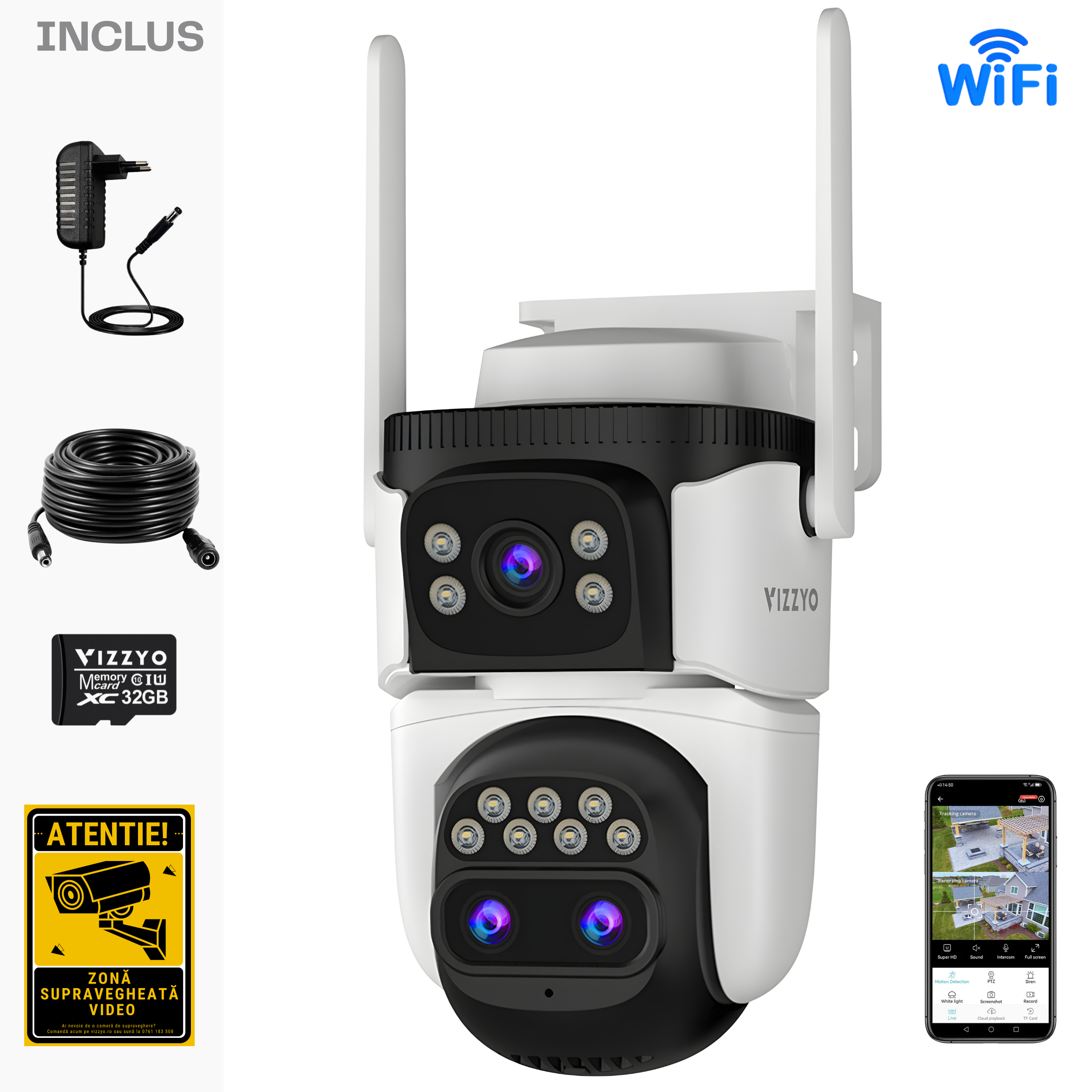 Cameră Supraveghere Dublă WiFi Vizzyo Dual Defender Pro, 12MP, Zoom Optic 10X Până la 200 metri, Viziune Nocturnă Color & IR, 3 lentile, 6K, Detecție Mișcare & Urmărire Automată, Audio Bidirecțional, Aplicatie O-Kam Pro, WIFI 6 Pro, IP66, SD 256GB