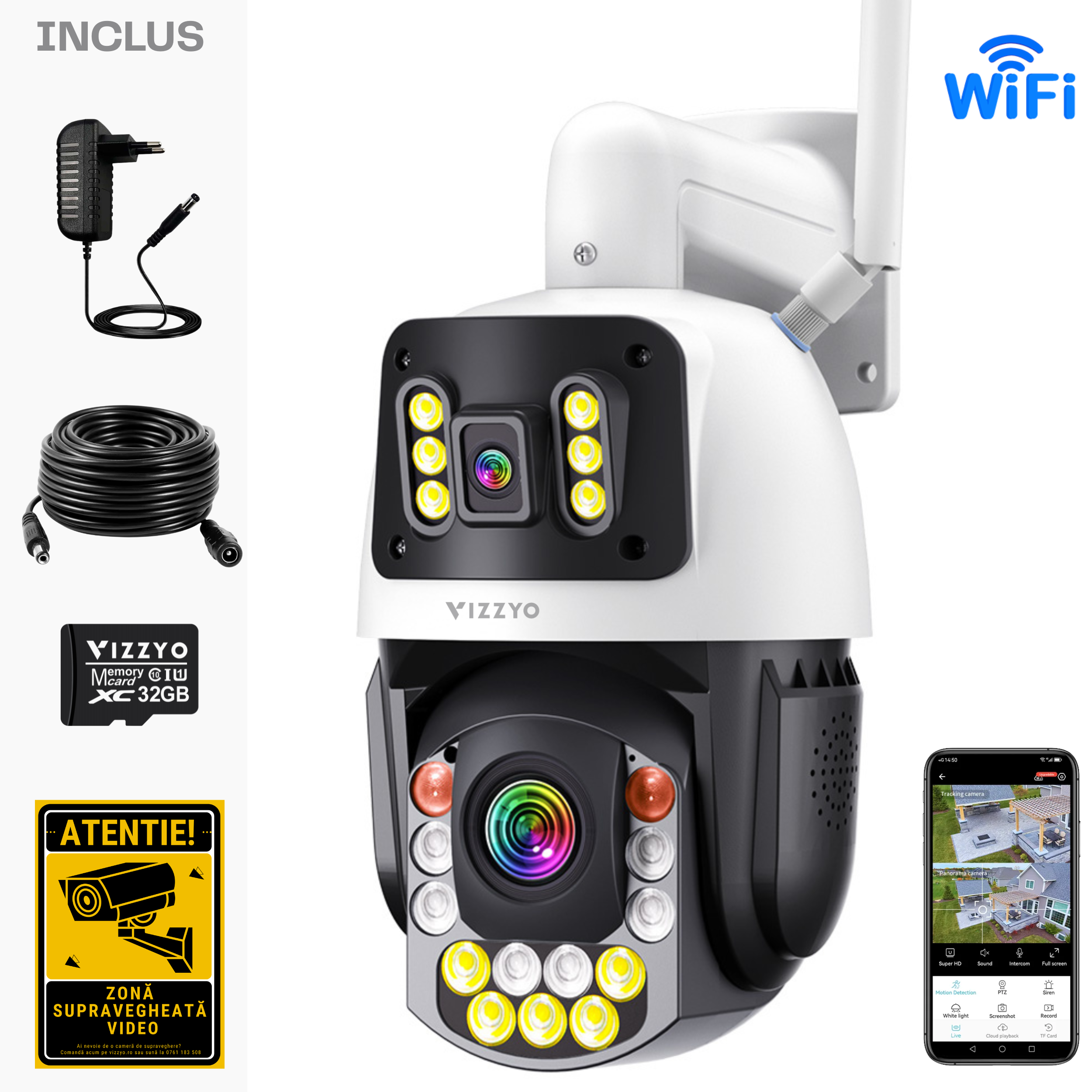 Cameră Supraveghere Dublă WiFi Vizzyo Eagle Pro, 8MP, 2 Camere În 1, Zoom Optic 36X până la 500M, Mod Noapte Color & IR, Detecție Persoane + Urmărire Automată, Audio Bidirecțional, Aplicatie iCsee, IP66, SD 128GB