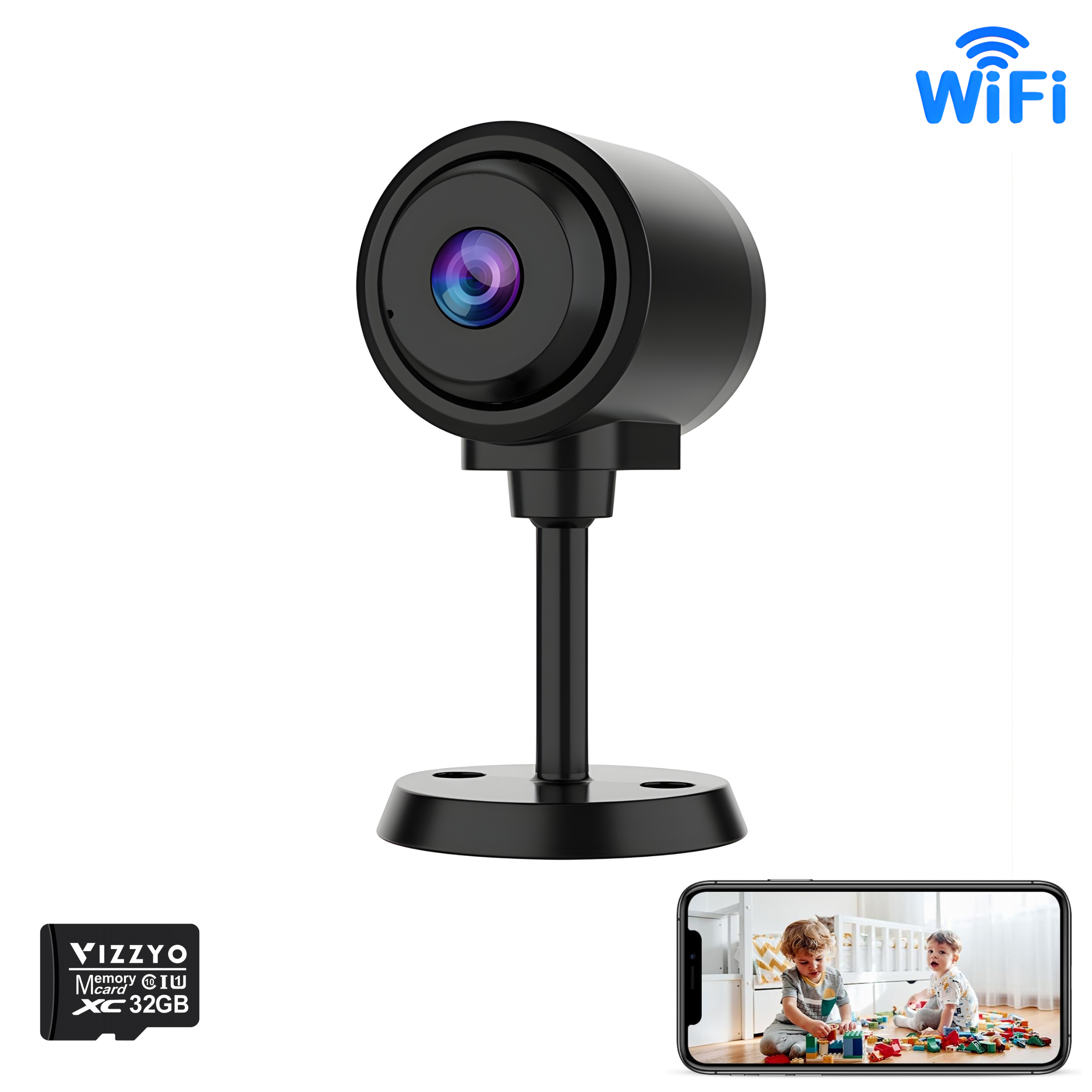 Mini Cameră WiFi Vizzyo Micro Echo, Ultra-Compacta, 3MP, Alimentare Continuă prin USB-C, Baterie Integrată, Unghi 136°, Detecție Persoane, Night Vision IR 940 nm Invizibil, Microfon Integrat, Cloud Gratuit, Aplicația O-KAM Pro, SD 256GB