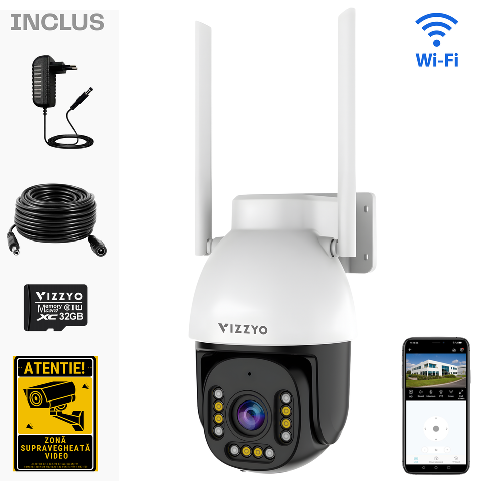 Cameră Supraveghere WiFi Dual-Band Vizzyo Elite Pro, 5MP Ultra HD, Zoom Optic 5X, PTZ 310°/90°, Viziune Nocturnă Color & IR, AI Detecție Mișcare & Urmărire Automată, Sirenă Luminoasă, Audio Bidirecțional, HDR, ISP, IP66, SD 256GB