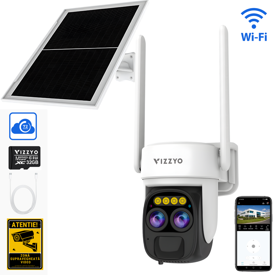 Cameră Supraveghere Solară WiFi Vizzyo Evo Pro, 5MP, Panou Solar Monocristalin, Dual Lens 4mm+12mm, Zoom Optic 5X, Viziune Nocturnă Color & IR, AI Detecție Mișcare & Urmărire Automată, Audio Bidirecțional, IP66, SD 256GB, Cloud Gratuit