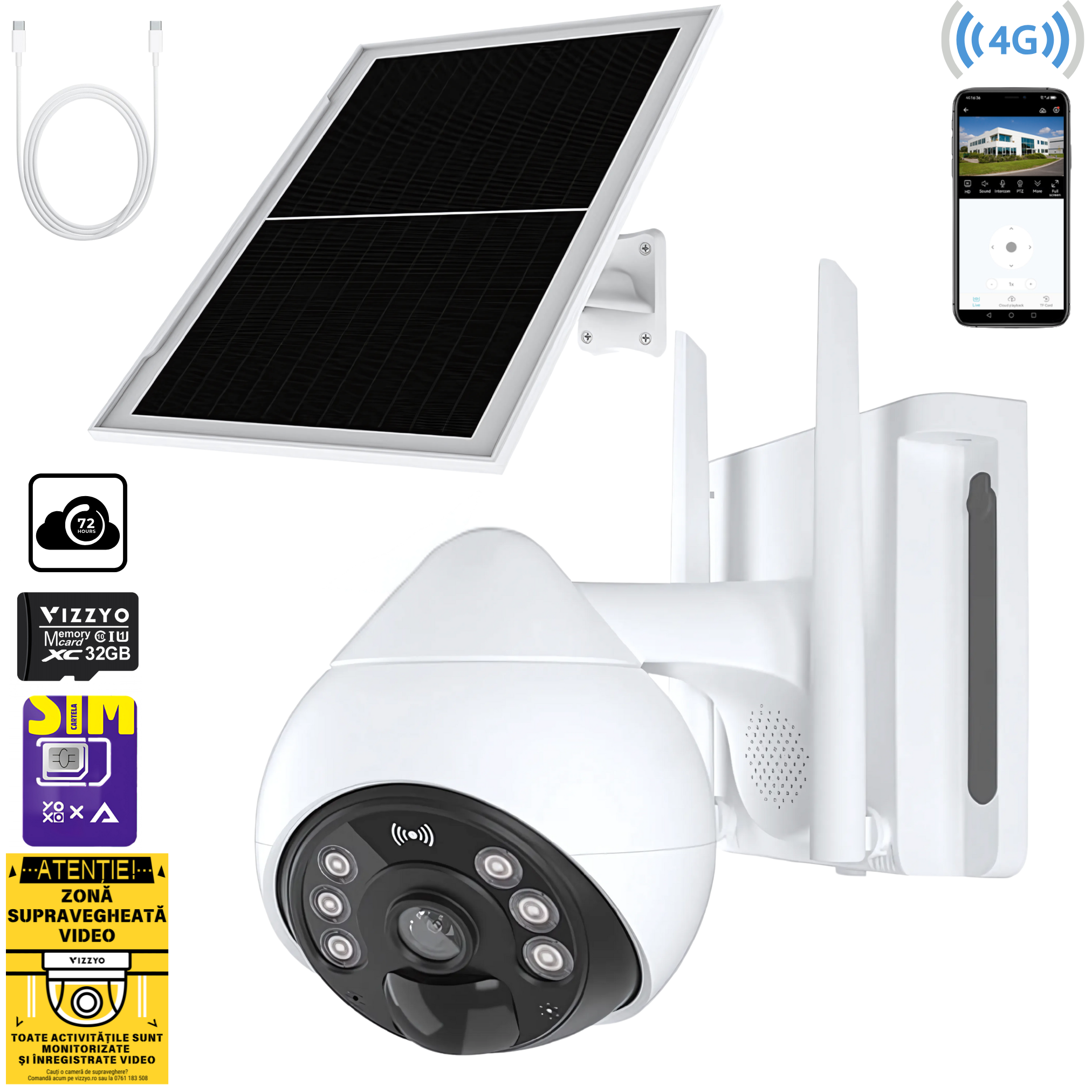 Cameră Supraveghere Solară 4G Vizzyo Eye Drop Pro, Slot Cartelă SIM + Panou Solar, Baterie Integrată, 5MP, Ultra Wide, Mod Noapte Color + IR, Detecție Mișcare & Urmărire Automată, Audio Bidirecțional, Control din Aplicatie, IP66, HDR, ISP, SD 256GB