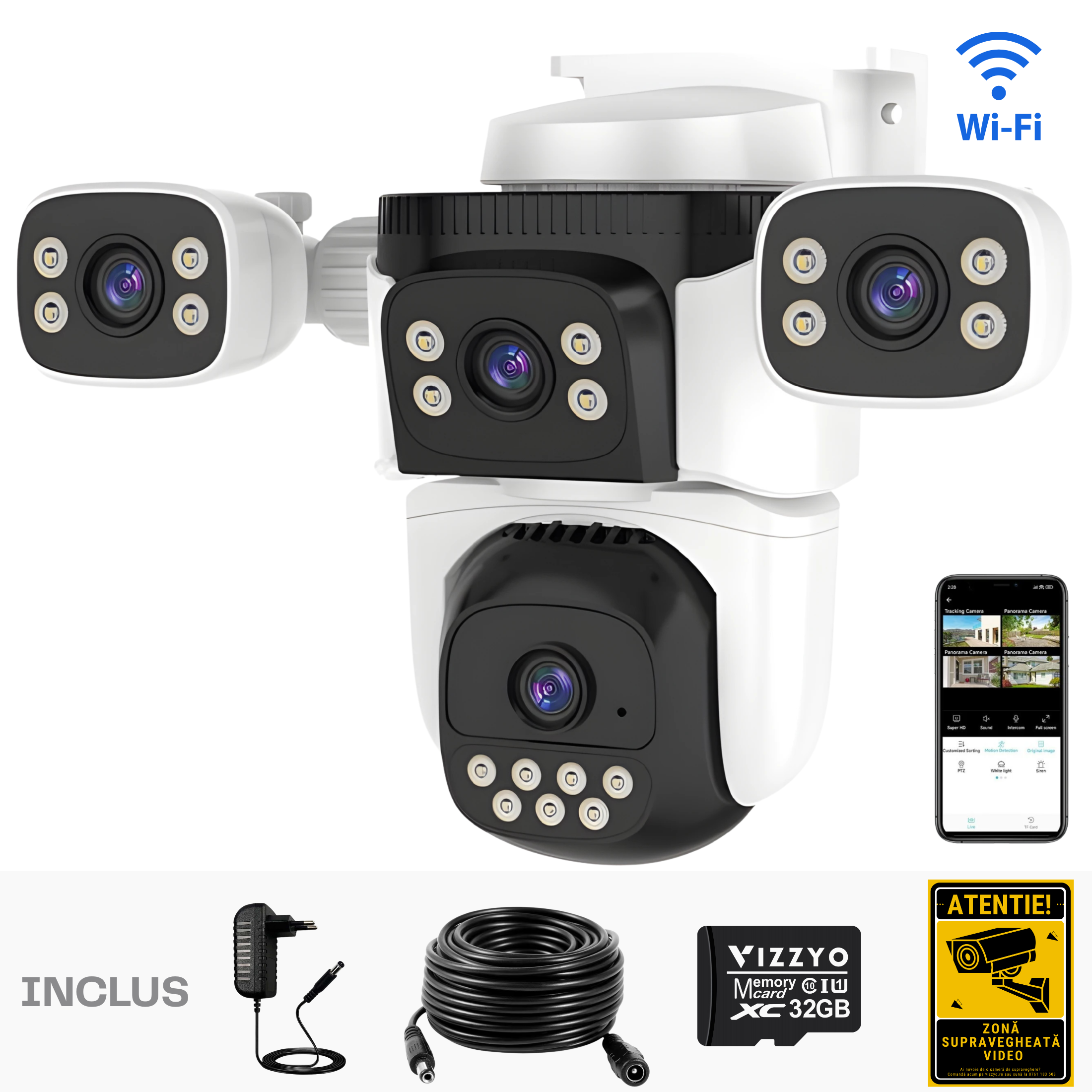 Cameră Supraveghere WiFi Vizzyo Ultra Defender Max, 16MP, 4 Camere În 1, Viziune Nocturnă Color, Acoperire Panoramică 360°, Detecție Mișcare & Urmărire Automată, Audio Bidirecțional, Control din aplicatie, ISP, IP66, WDR, SD 256GB