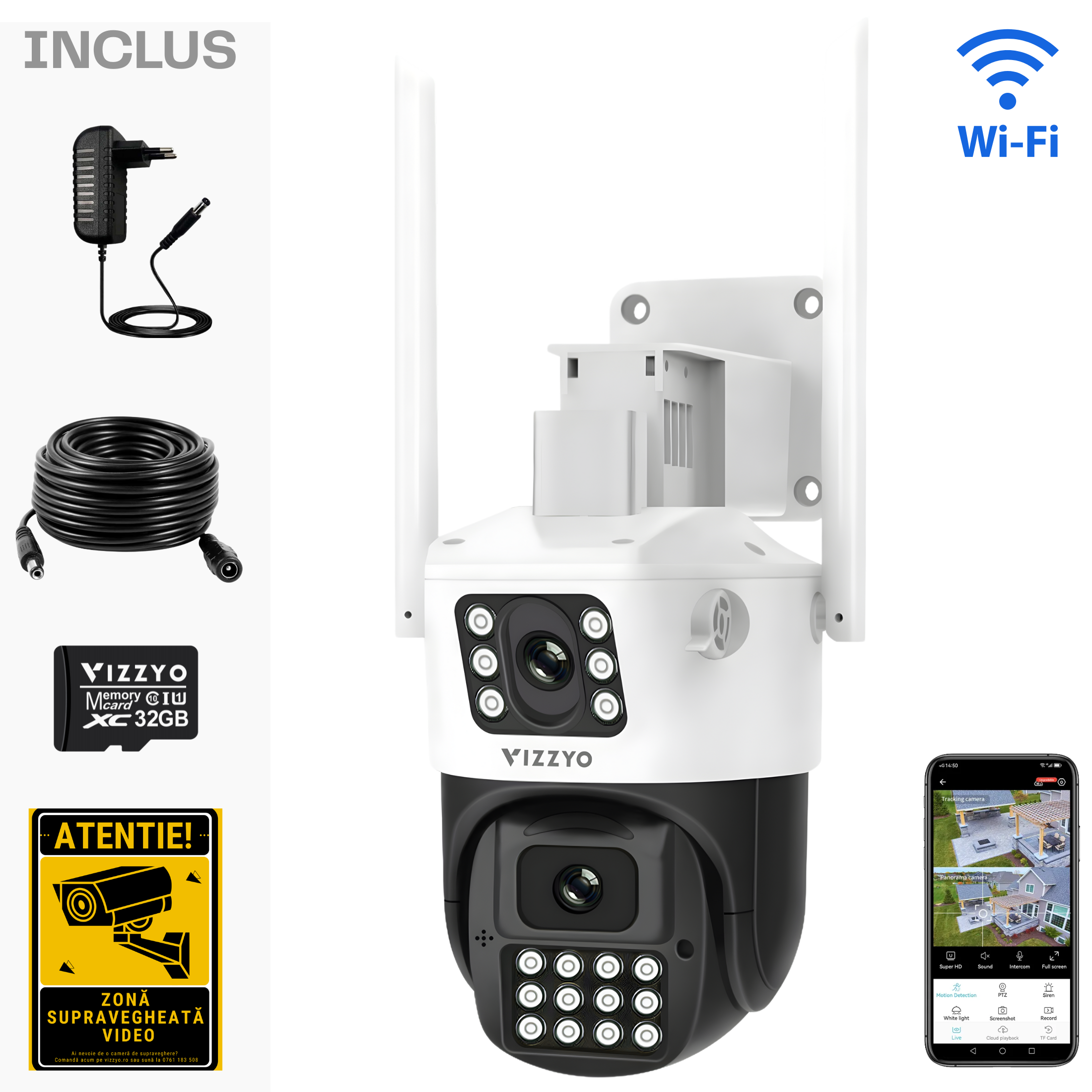 Cameră Supraveghere Dublă WiFi Vizzyo Dual Ranger, 8MP, 2 Lentile 4mm + 6mm, Viziune Nocturnă Color, AI Detecție Mișcare & Urmărire Automată, Audio Bidirecțional, Antene 5dBi, HDR, ISP, IP66, SD 256GB