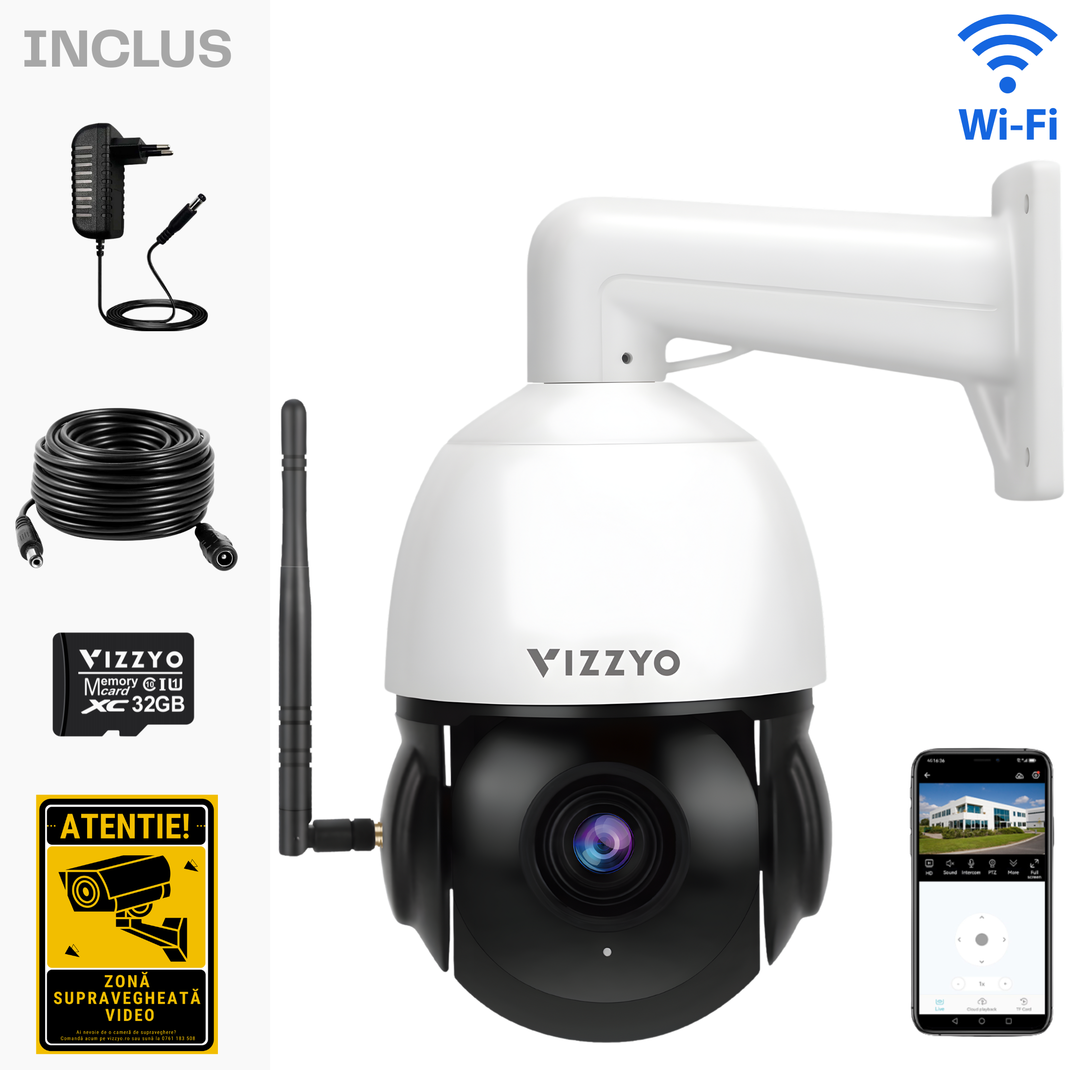 Cameră Supraveghere WiFi/LAN/POE Vizzyo Supreme Pro, 8MP, Zoom Optic 18X, PTZ 360°/100°, AI Detecție Umană & Urmărire Automată, Viziune Nocturnă IR 100m, Audio Bidirecțional, IP66, SD 256GB