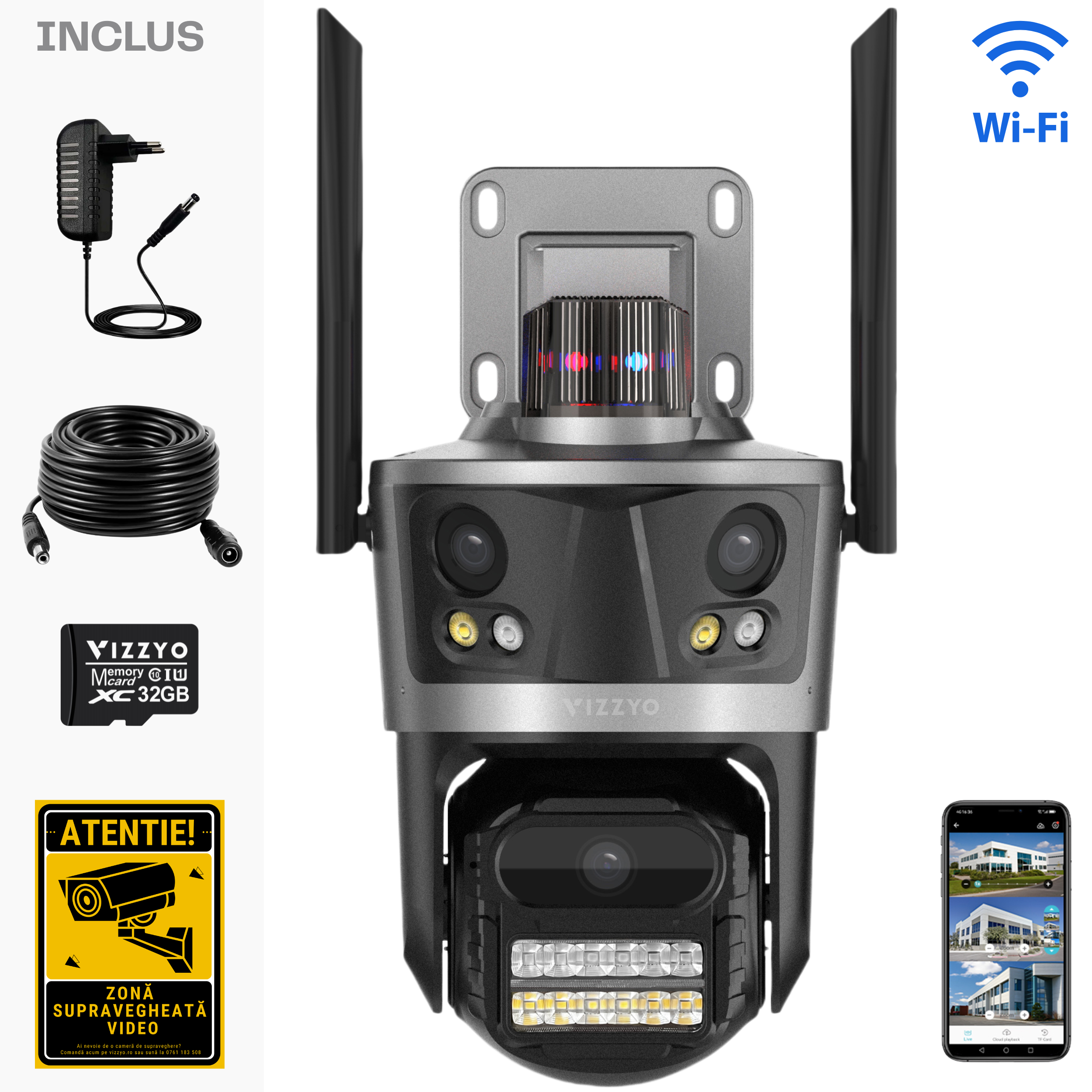 Cameră Supraveghere Triplă WiFi Vizzyo TriForce, 12MP, 3 Camere În 1, Sirenă, Antene 5dbi, Acoperire Panoramică 360°, Zoom 10X, Mod Noapte Color & IR, Detecție Umană + Urmărire Automată, Audio Bidirecțional, Aplicatie iCsee, IP66, SD 128GB
