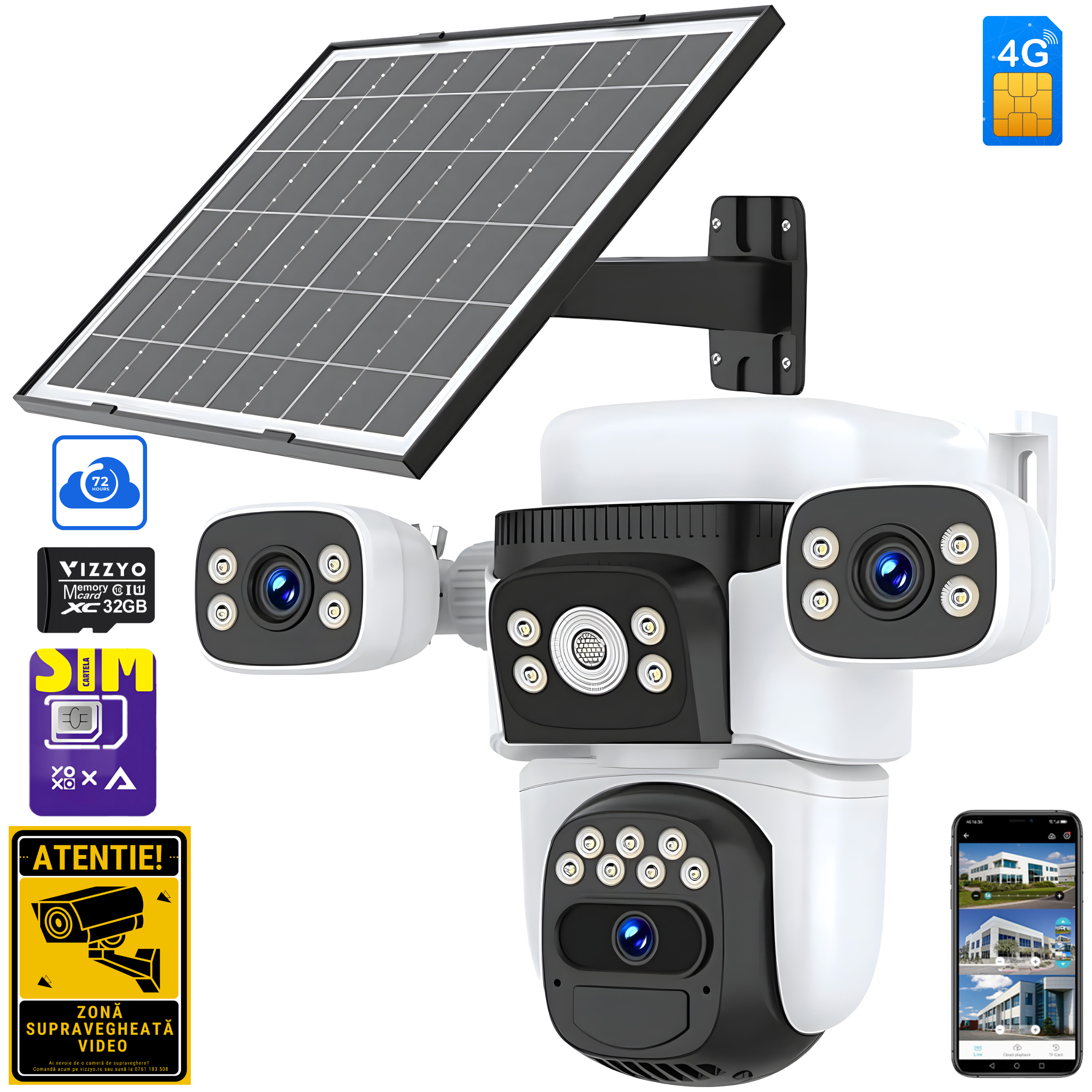 Cameră Supraveghere Solară 4G Vizzyo Ultra Defender, Slot Cartelă SIM + Panou Solar, Baterie Integrată, 12MP, 3 Lentile, Mod Noapte Color + IR, Detecție Mișcare & Urmărire Automată, Audio Bidirecțional, Control din Aplicatie, IP66, HDR, ISP, SD 256GB