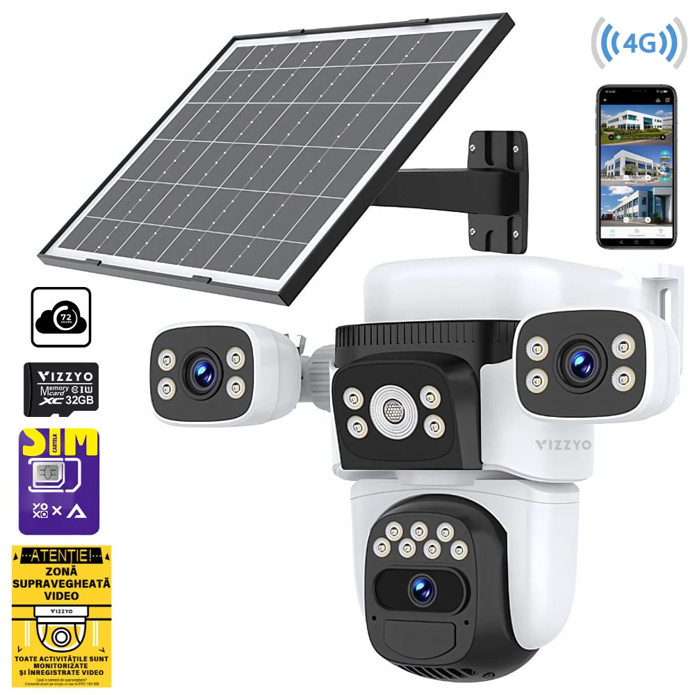 Cameră Supraveghere Solară 4G Vizzyo Ultra Defender, Slot Cartelă SIM + Panou Solar, Baterie Integrată, 12MP, 3 Lentile, Mod Noapte Color + IR, Detecție Mișcare & Urmărire Automată, Audio Bidirecțional, Control din Aplicatie, IP66, HDR, ISP, SD 256GB