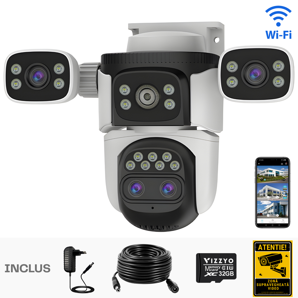 Cameră Supraveghere Triplă WiFi Vizzyo Ultra Defender Pro, 16MP, Zoom Optic Până la 200 metri, Viziune Nocturnă Color, Acoperire Panoramică 360°, Detecție Mișcare & Urmărire Automată, Audio Bidirecțional, IP66, WDR, SD 256GB