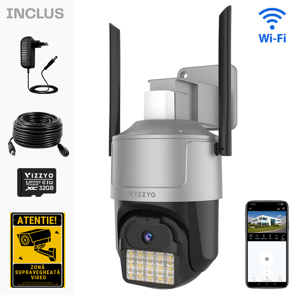 Cameră Supraveghere WiFi Dual-Band Vizzyo Ultra View, 5MP Ultra HD, Black Light Full Color, Viziune Color în Întuneric Total, AI Detecție Mișcare & Urmărire Automată, Sirenă Luminoasă LED, Audio Bidirecțional, H.265, IP66, SD 256GB