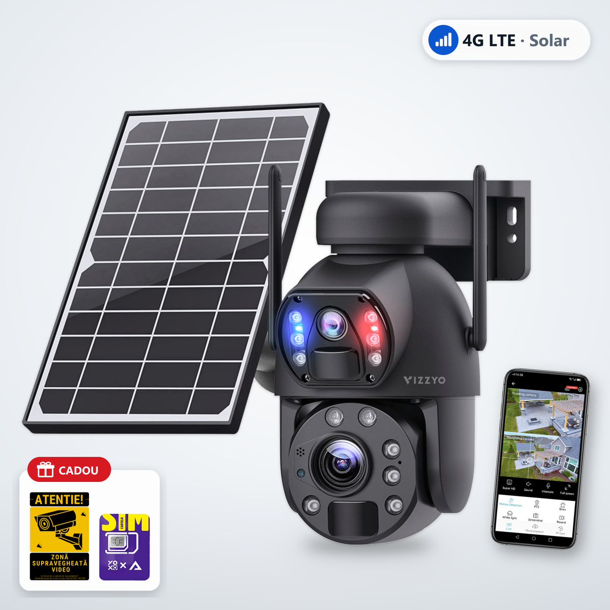 Cameră Supraveghere 4G Solară cu Cartelă SIM Vizzyo Apollo – cameră, aplicație și cadou
