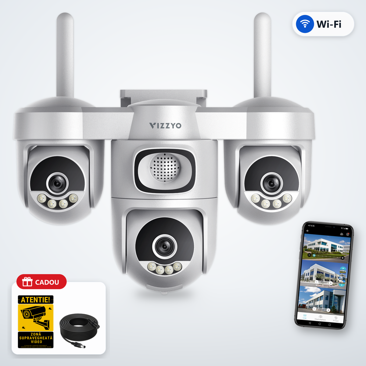 Cameră Supraveghere Triplă WiFi Vizzyo Atlas 3 – cameră, aplicație și cadou