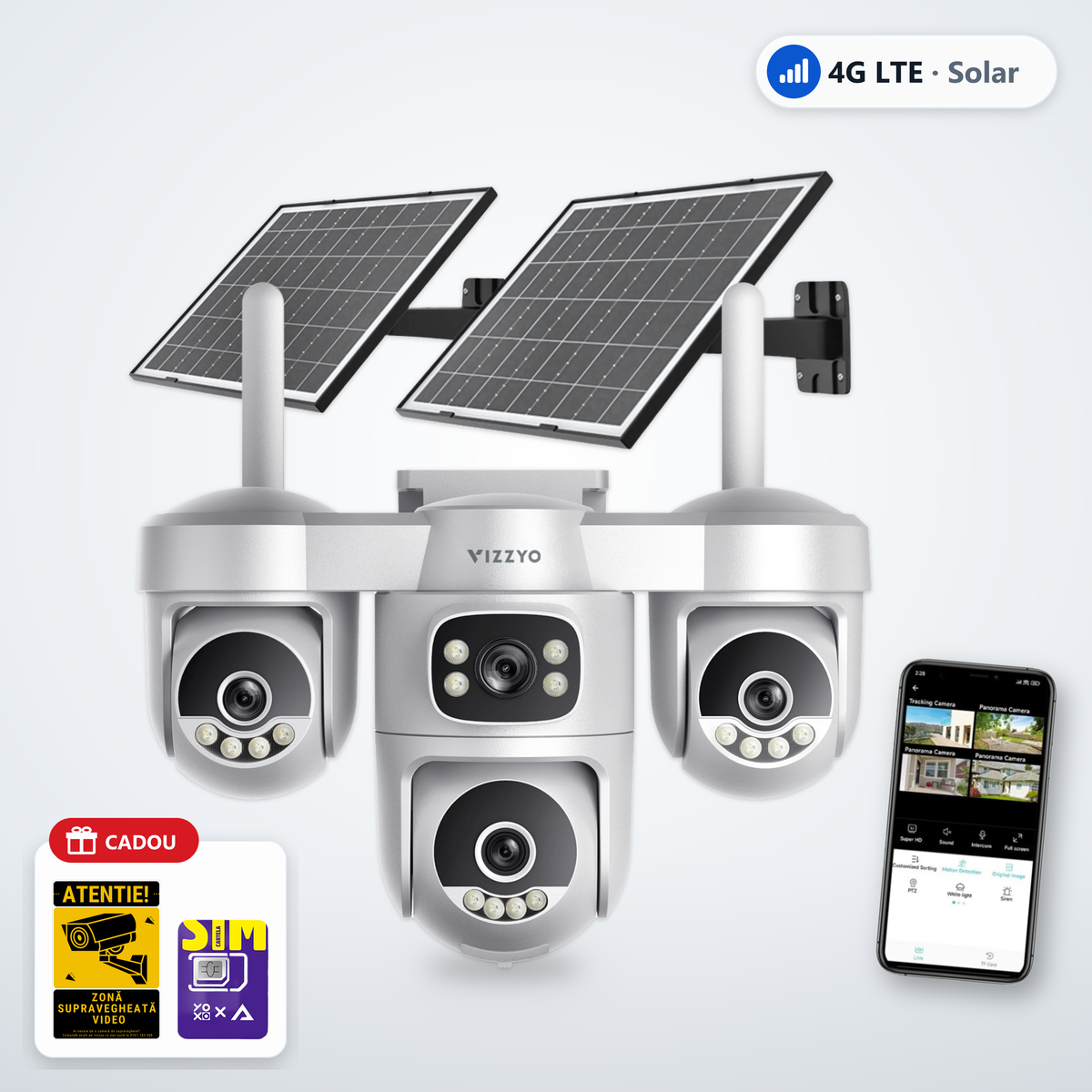 Cameră Supraveghere 4G Solară Vizzyo Atlas Solar 4 – cameră, aplicație și cadou