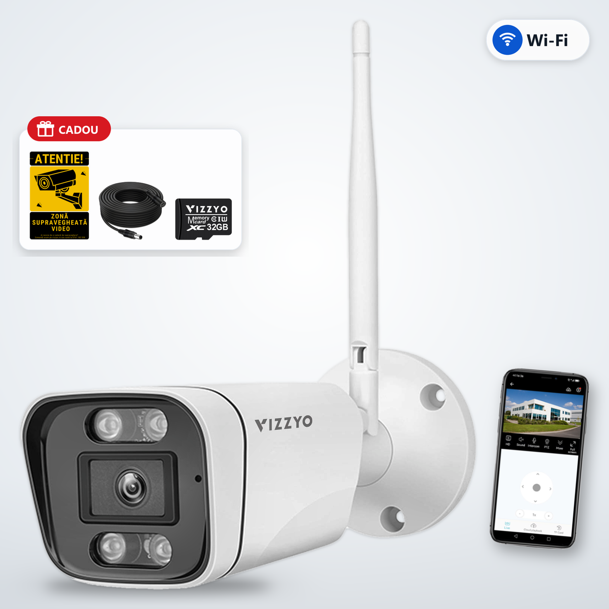 Cameră Supraveghere Bullet WiFi Vizzyo Bullet One – cameră, aplicație și cadou