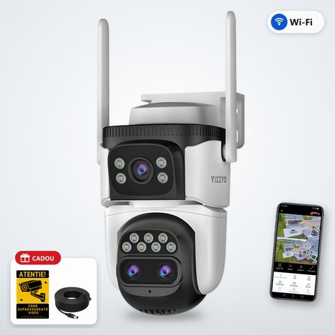 Cameră Supraveghere Dublă WiFi Vizzyo Dual Defender Pro – cameră, aplicație și cadou