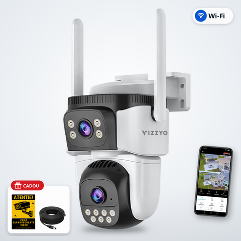 Cameră Supraveghere Dublă WiFi Vizzyo Dual Defender – cameră, aplicație și cadou