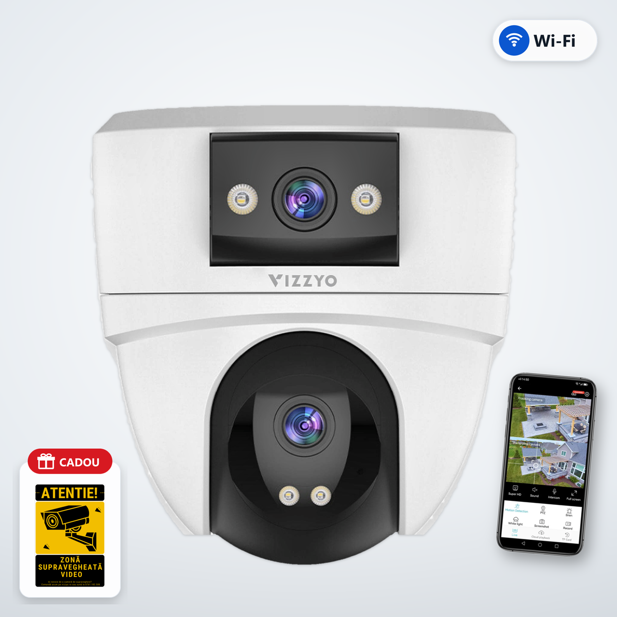 Cameră Supraveghere WiFi Vizzyo Dual Dome – cameră, aplicație și cadou