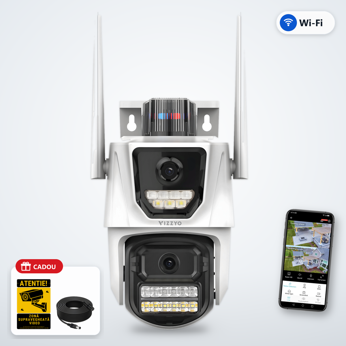 Cameră Supraveghere Dublă WiFi Vizzyo Dual Force – cameră, aplicație și cadou