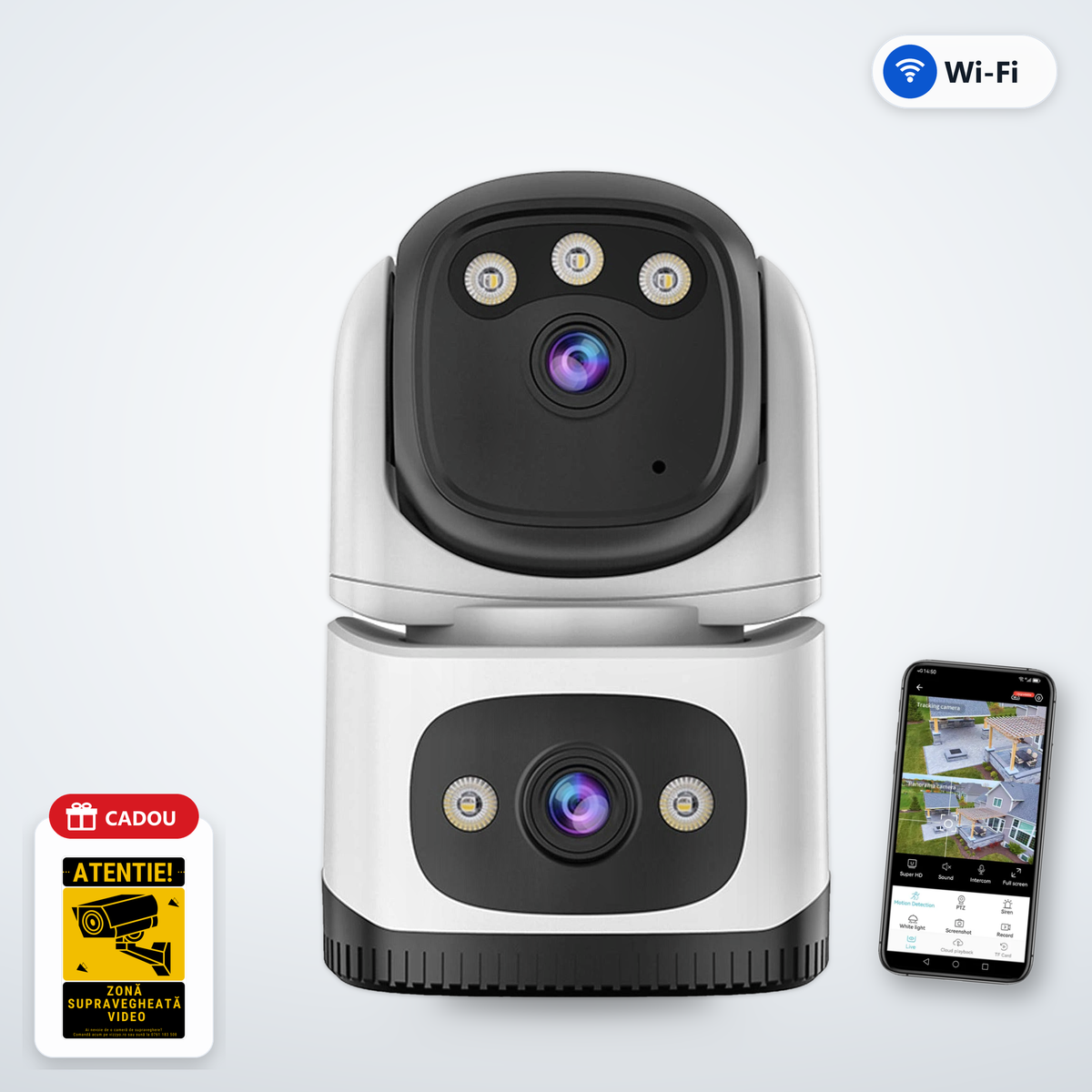 Cameră Supraveghere WiFi Vizzyo Dual Home Defender – cameră, aplicație și cadou