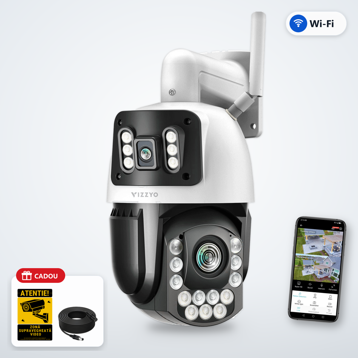 Cameră Supraveghere Dublă WiFi Vizzyo Eagle Pro – cameră, aplicație și cadou