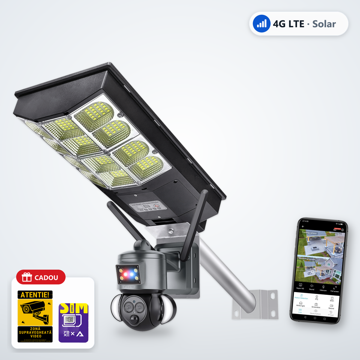 Cameră Supraveghere 4G Solară + Lampă LED Stradală Vizzyo Light Guard – cameră, aplicație și cadou