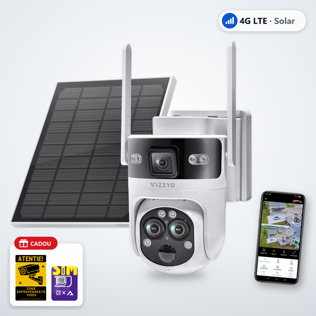 Cameră Supraveghere 4G Solară cu Cartelă SIM Vizzyo Helio – cameră, aplicație și cadou