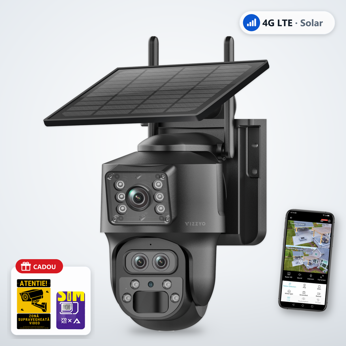 Cameră Supraveghere 4G Solară cu Cartelă SIM Vizzyo Vega – cameră, aplicație și cadou