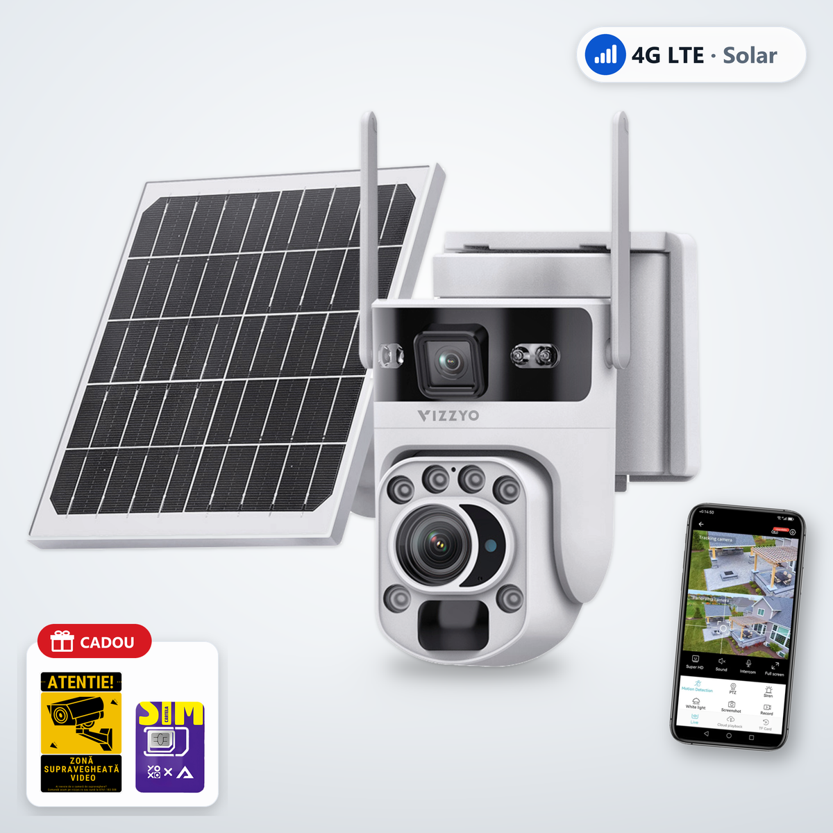 Cameră Supraveghere Solară 4G Vizzyo Scout – cameră, aplicație și cadou