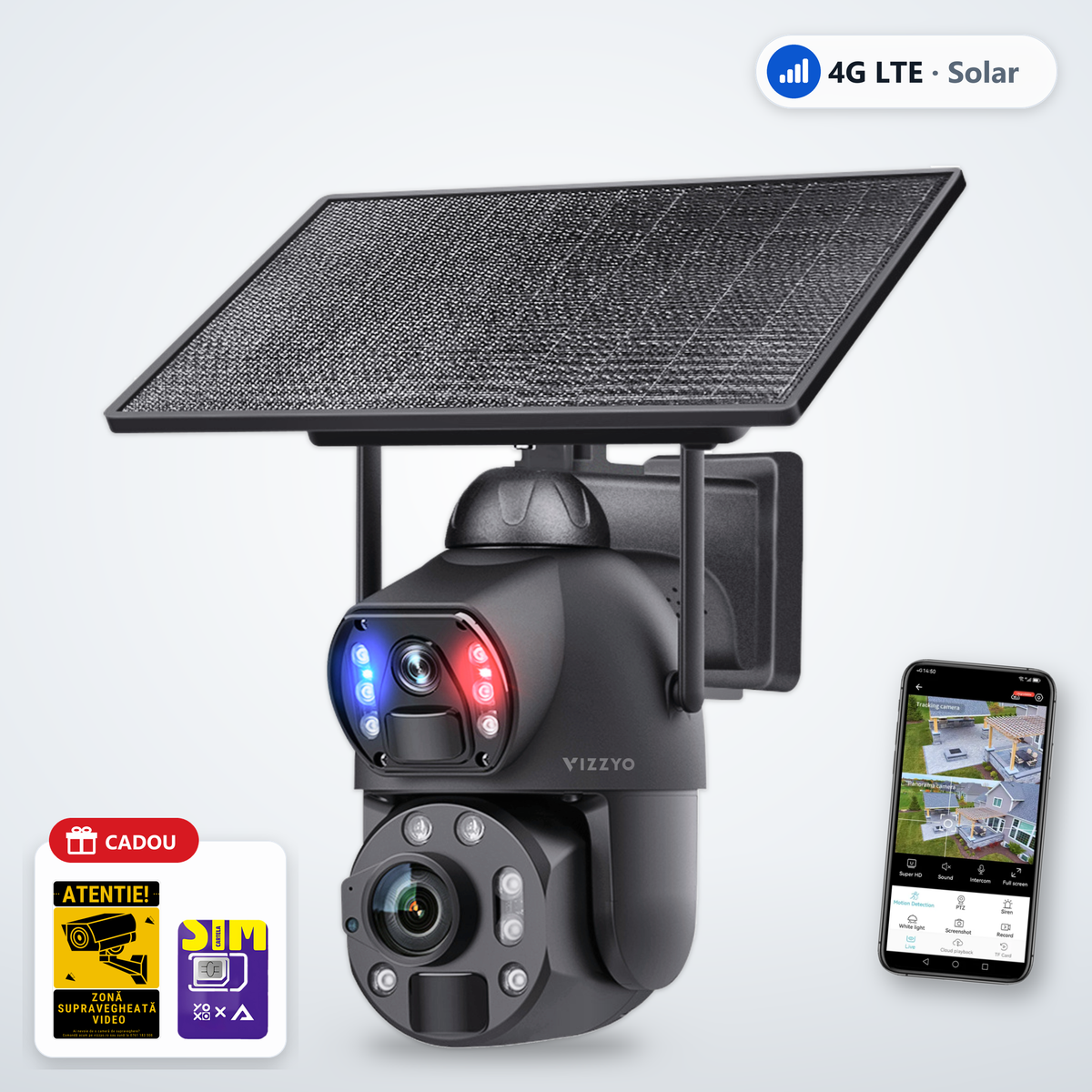Cameră Supraveghere 4G Solară cu Cartelă SIM Vizzyo Hawk – cameră, aplicație și cadou