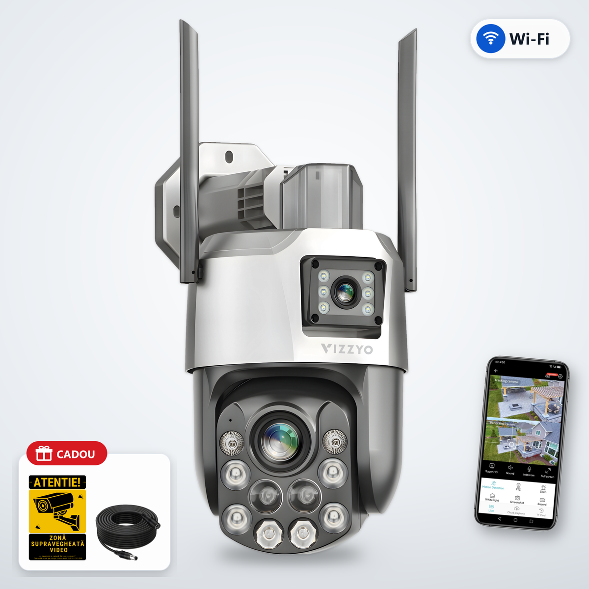 Cameră Supraveghere Dublă WiFi Vizzyo Shield Pro – cameră, aplicație și cadou