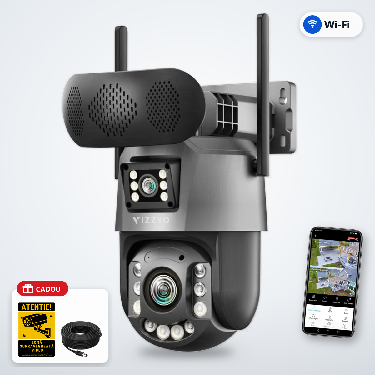 Cameră Supraveghere WiFi + Boxă Bluetooth Vizzyo Sound Pro – cameră, aplicație și cadou