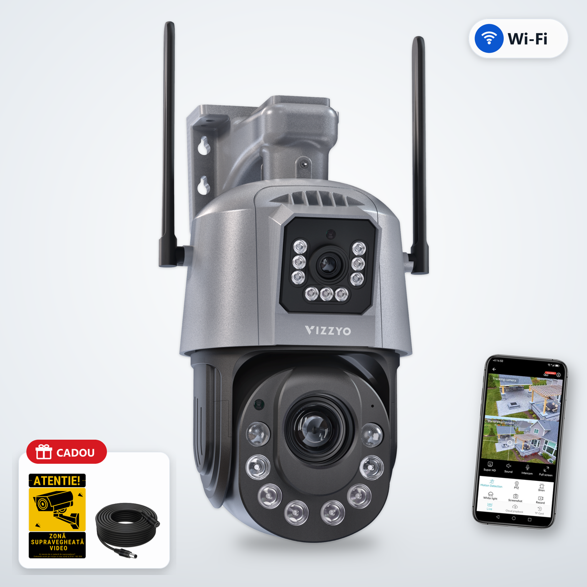 Cameră Supraveghere Dublă WiFi Vizzyo Striker Pro – cameră, aplicație și cadou