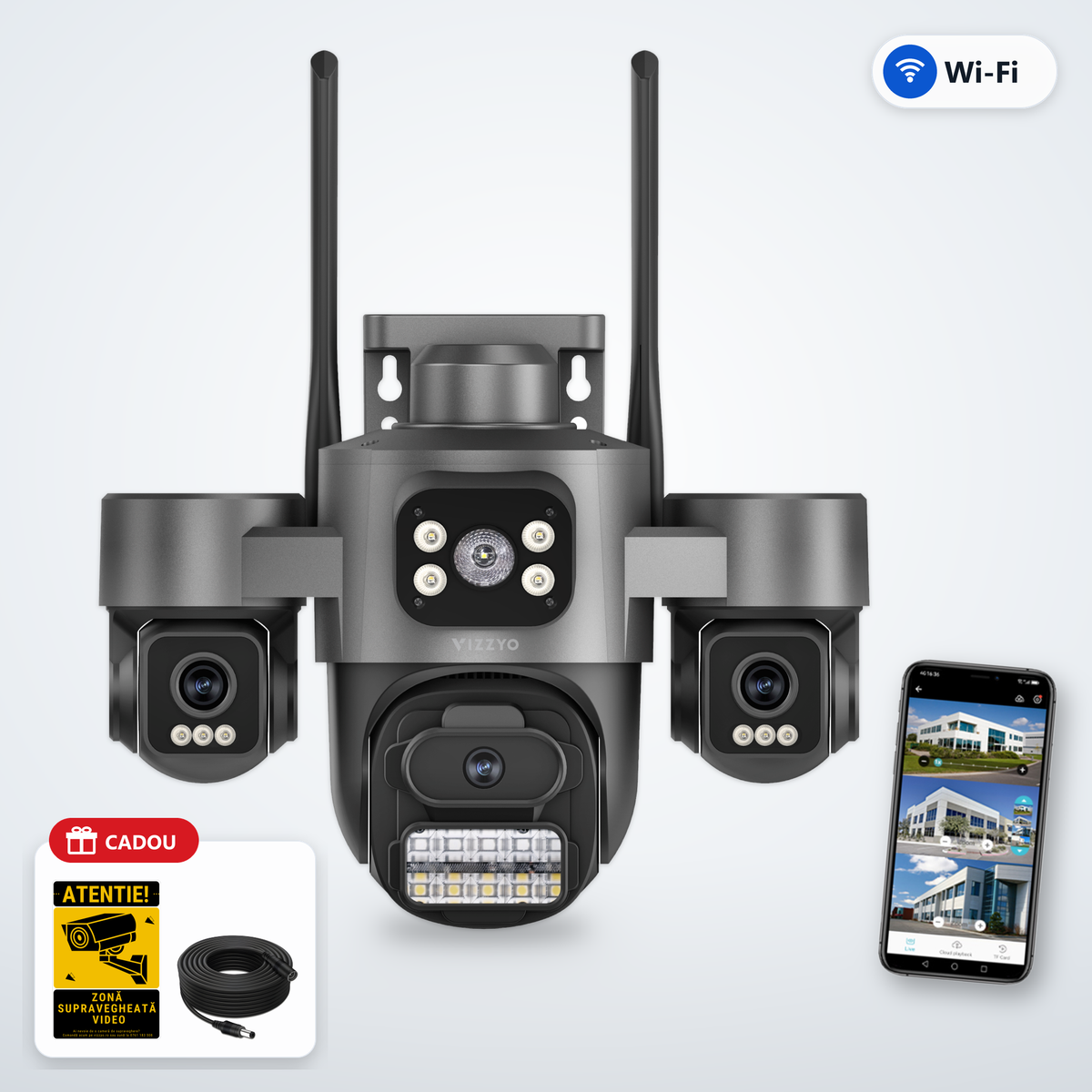 Cameră Supraveghere Triplă WiFi Vizzyo TriLook – cameră, aplicație și cadou