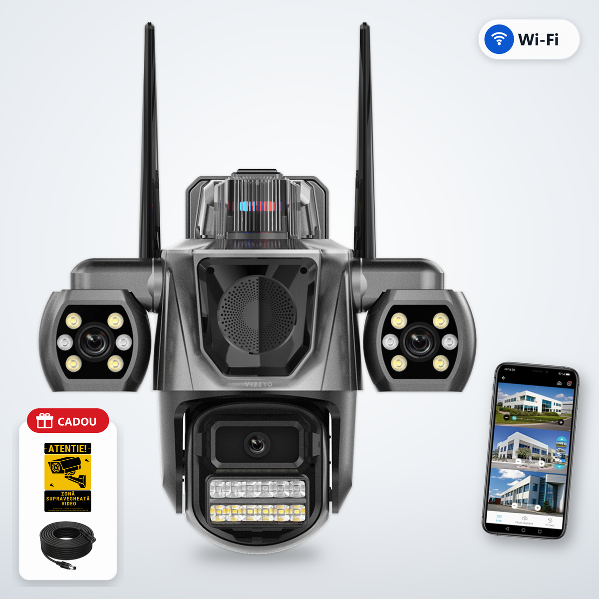 Cameră Supraveghere Triplă WiFi Vizzyo TriShield – cameră, aplicație și cadou