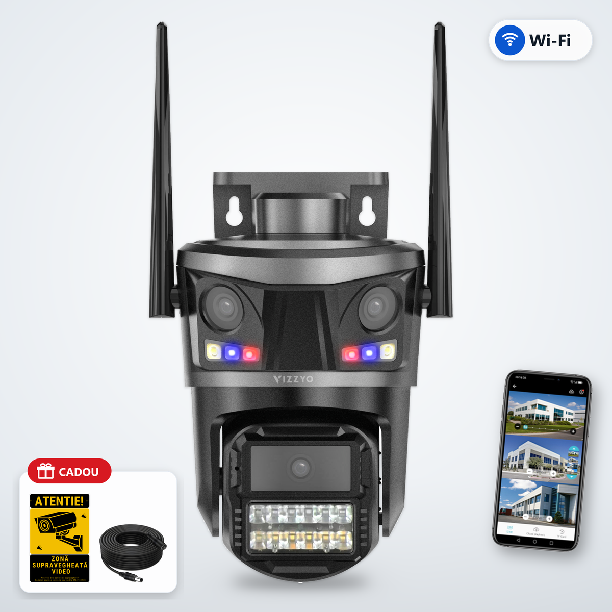 Cameră Supraveghere Triplă WiFi Vizzyo TriWatch – cameră, aplicație și cadou