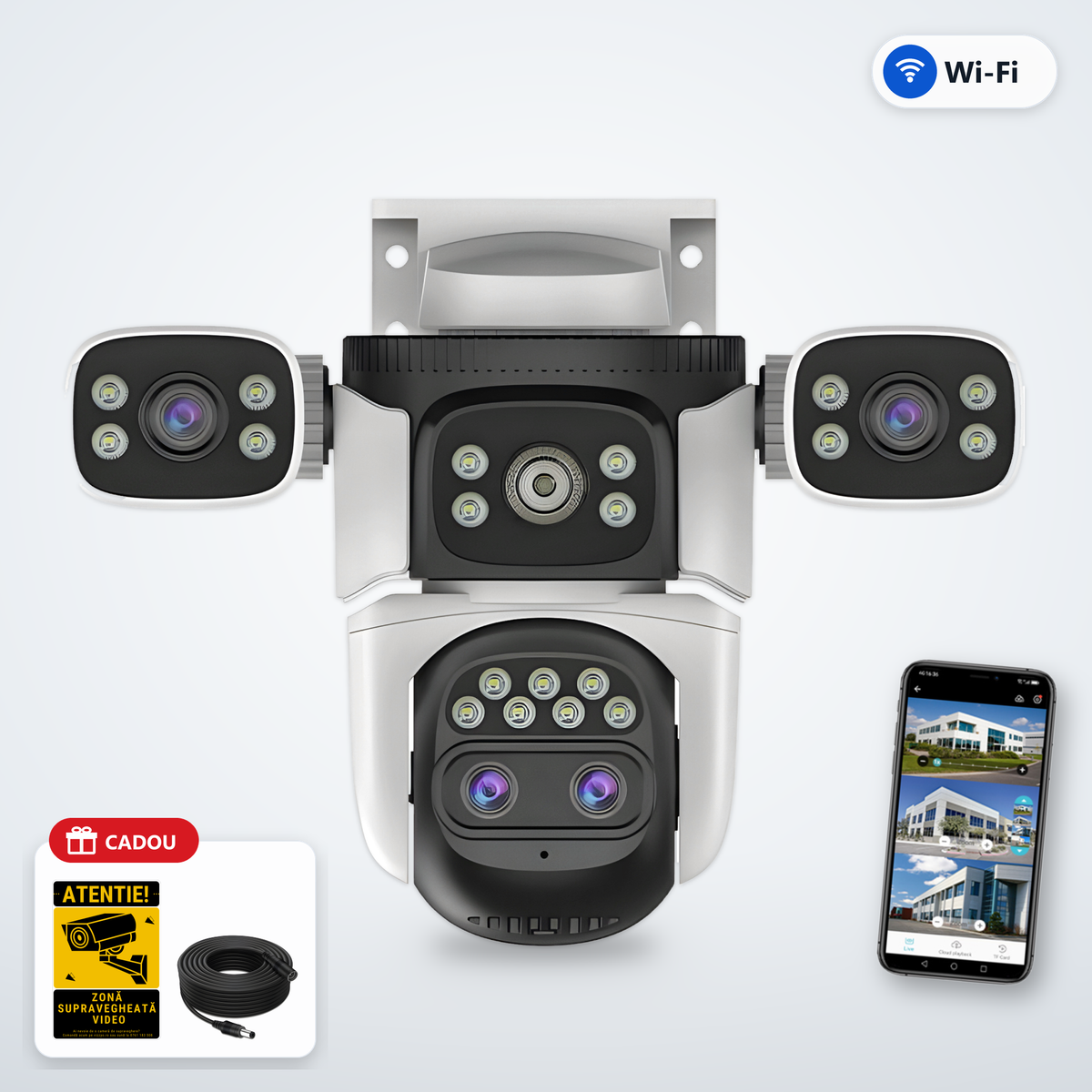Cameră Supraveghere Triplă WiFi Vizzyo Ultra Defender Pro – cameră, aplicație și cadou