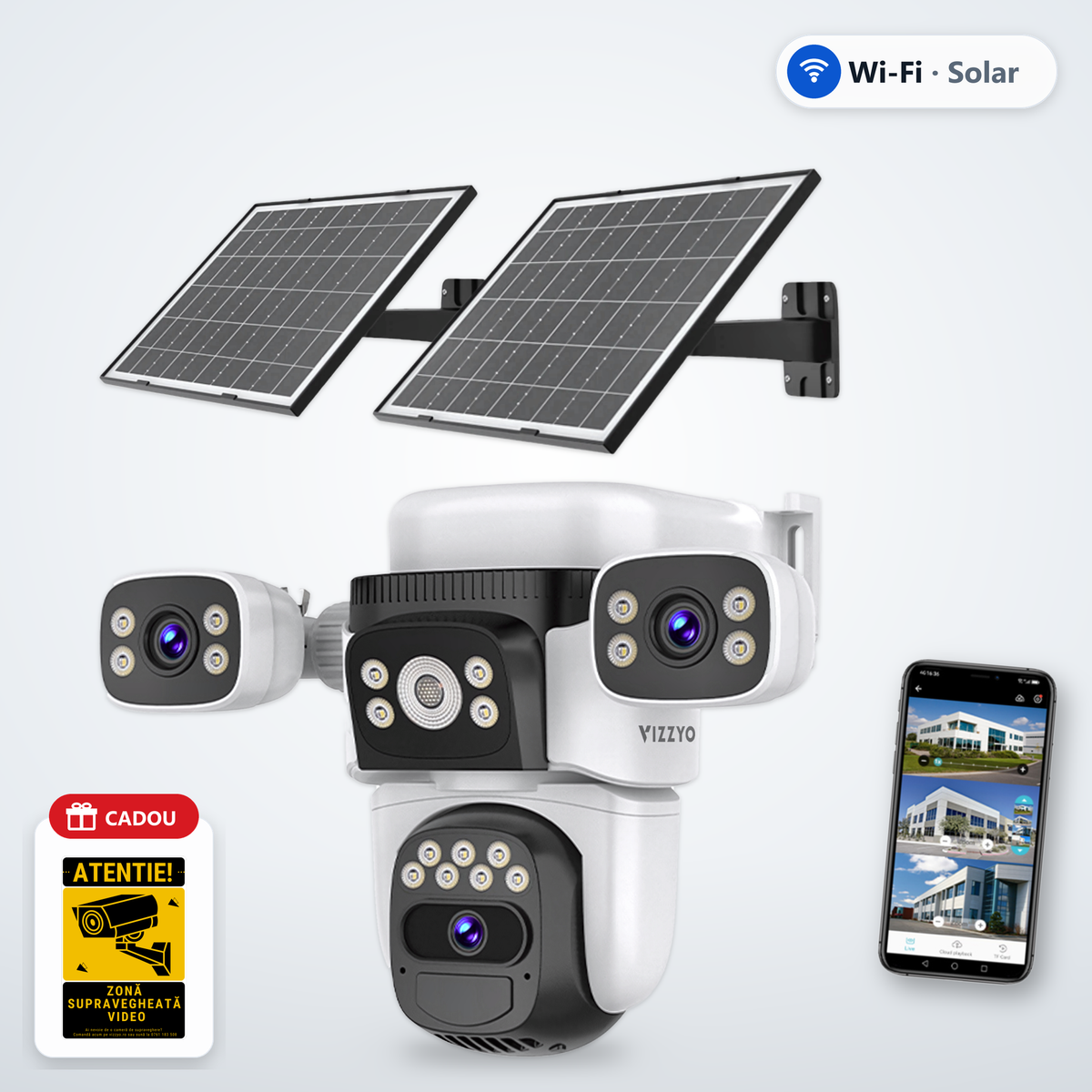 Cameră Supraveghere WiFi Solară Vizzyo Ultra Defender WS2 – cameră, aplicație și cadou