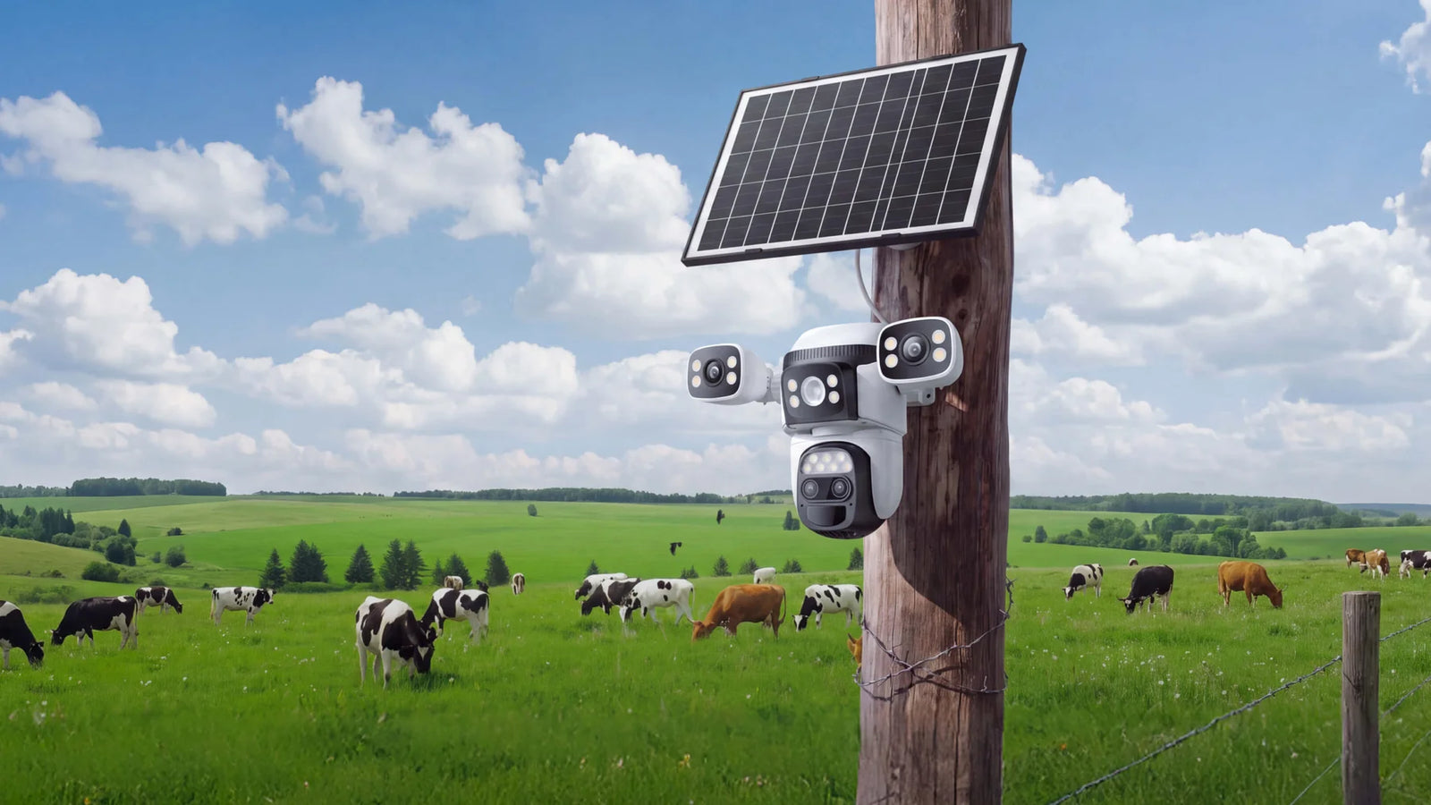 Cameră de supraveghere VIZZYO cu panou solar într-o zonă rurală